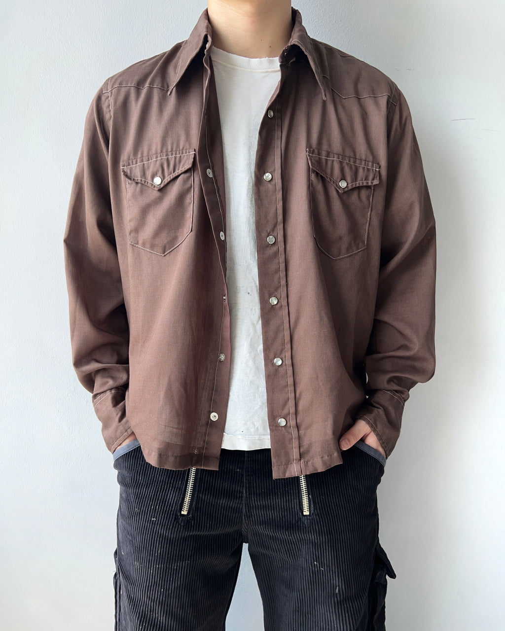 1970S WRANGLER BROWN WESTERN SHIRT (L)
