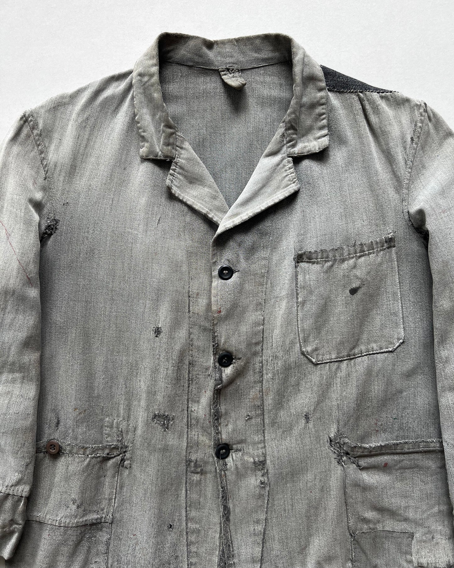 1930S FRENCH SALT AND PEPPER REPAIRED WORK JACKET (L)