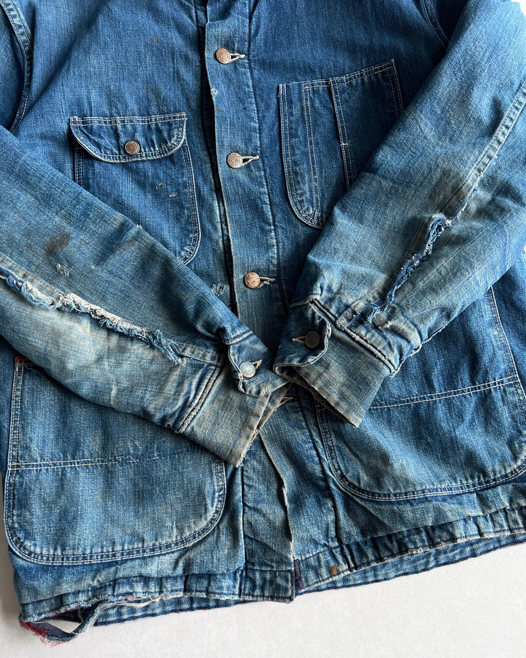 1950S FADED DENIM WORK CHORE JACKET (M/L)