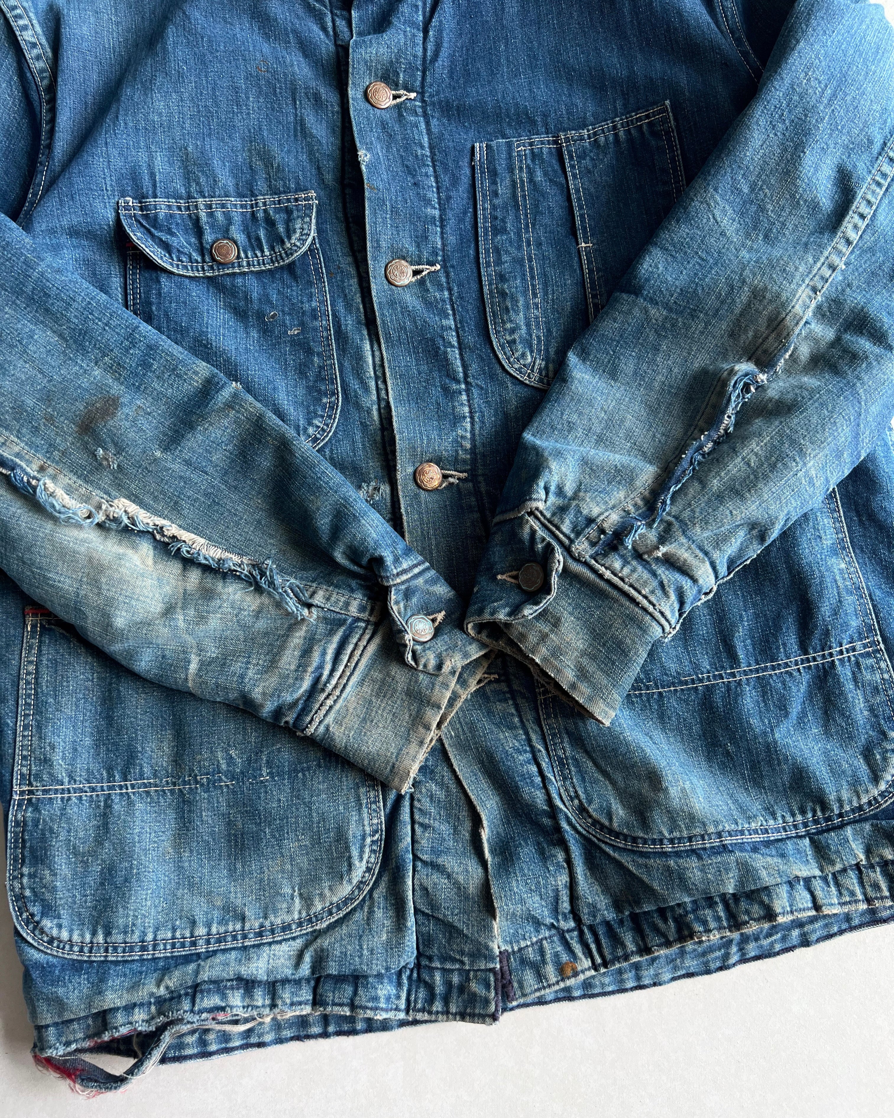 1950S FADED DENIM WORK CHORE JACKET (M/L)