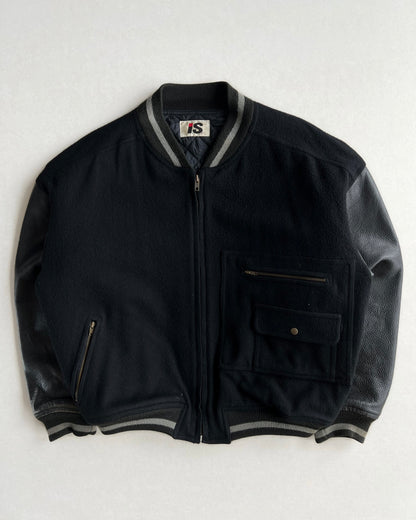 1980S ISSEY MIYAKE SPORT BLACK LEATHER SLEEVE VARSITY JACKET (M)