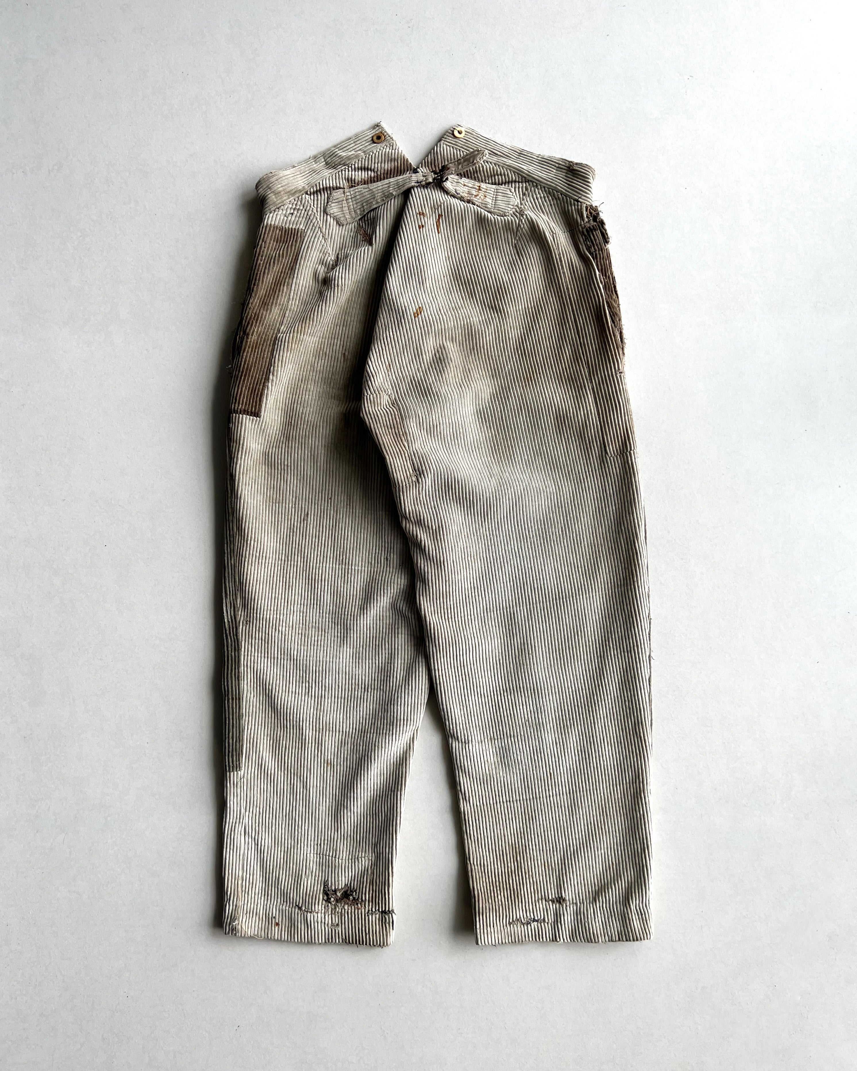 1930S FRENCH CORDUROY REPAIRED WORK TROUSERS (32-34)