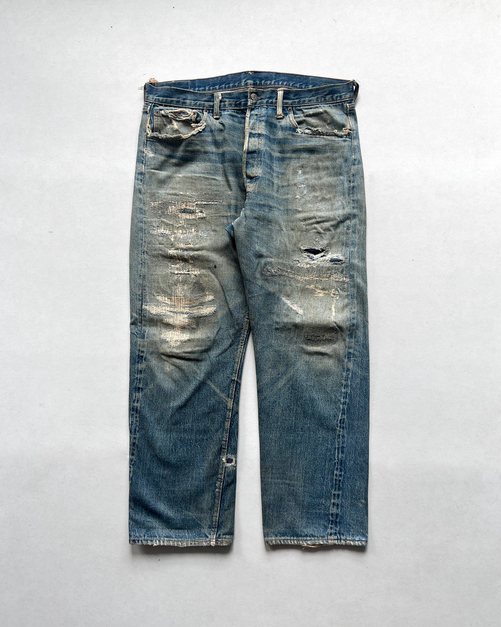 1970S FADED LEVI'S BIG E 501 REPAIRED SELVEDGE JEANS (36)