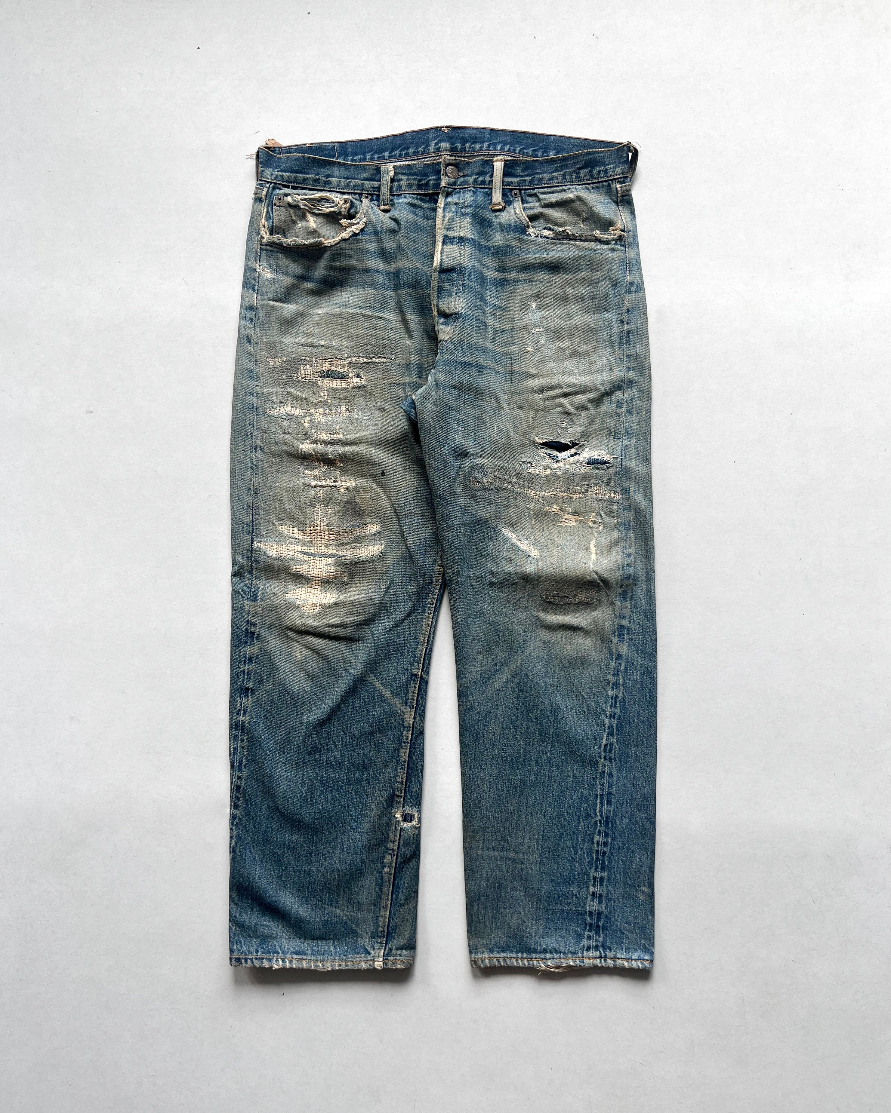 1970S FADED LEVI'S BIG E 501 REPAIRED SELVEDGE JEANS (36)