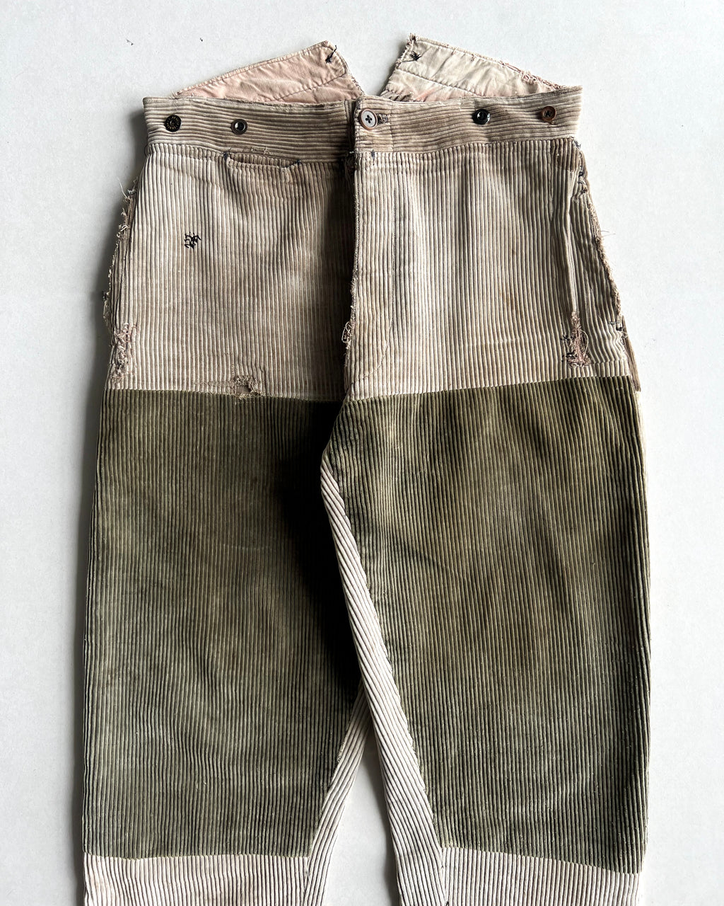 1930S FRENCH CORDUROY REPAIRED WORK TROUSERS (32-34)