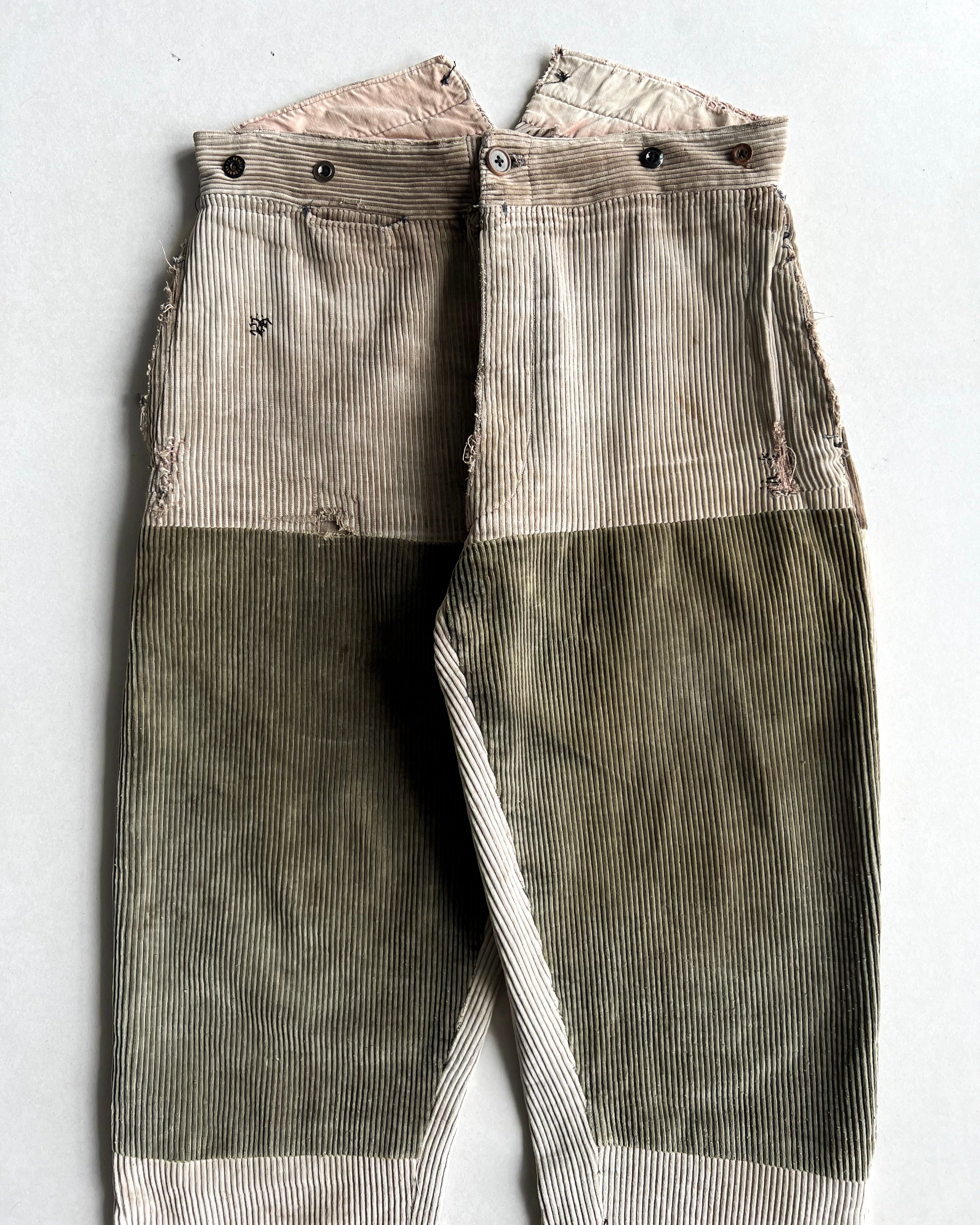 1930S FRENCH CORDUROY REPAIRED WORK TROUSERS (32-34)