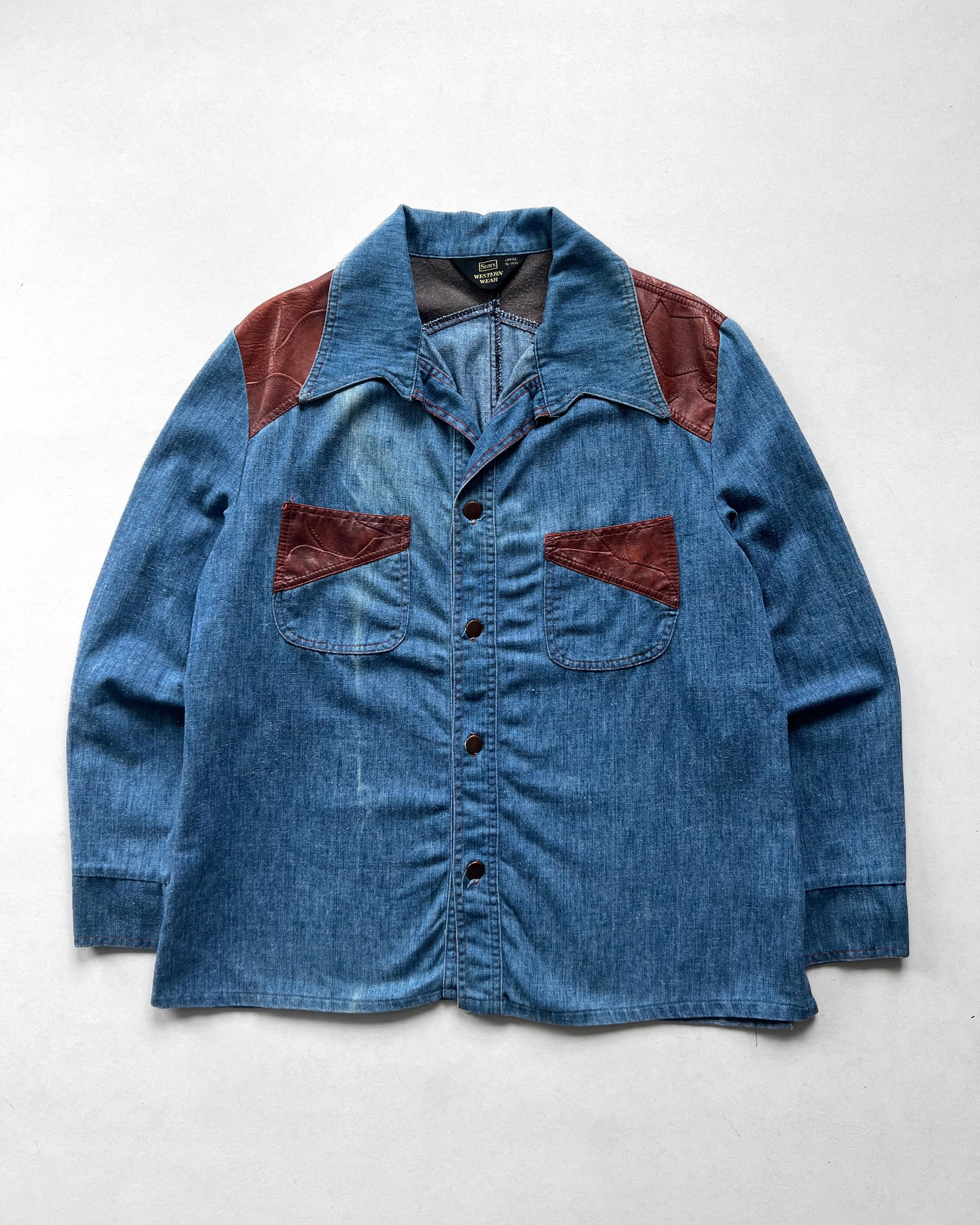 1970S SEARS OPEN COLLAR WESTERN DENIM SHIRT (L)