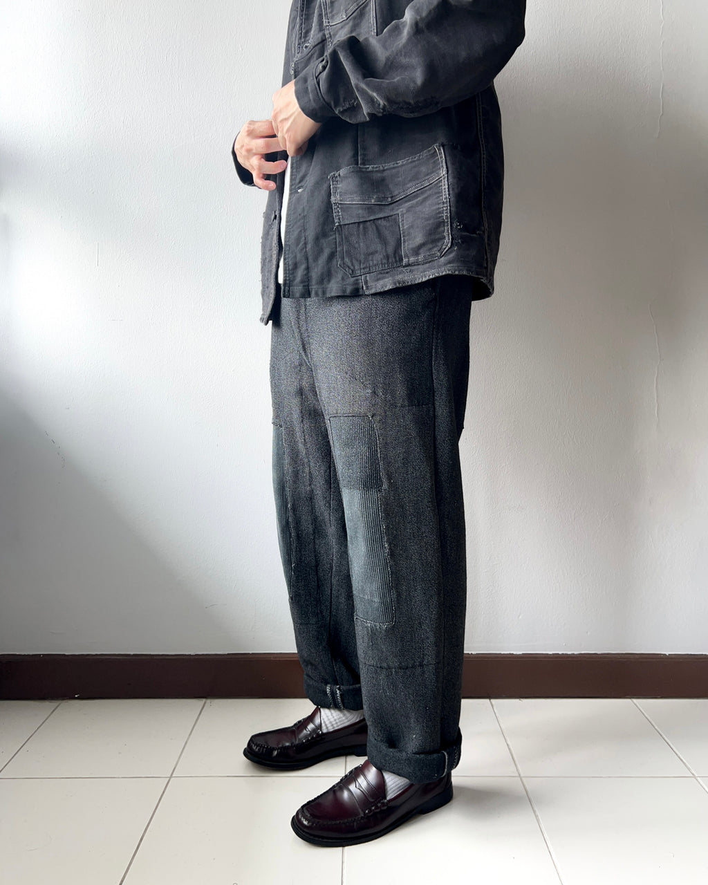 1950S FRENCH SALT & PEPPER REPAIRED WORK TROUSERS (33-35)