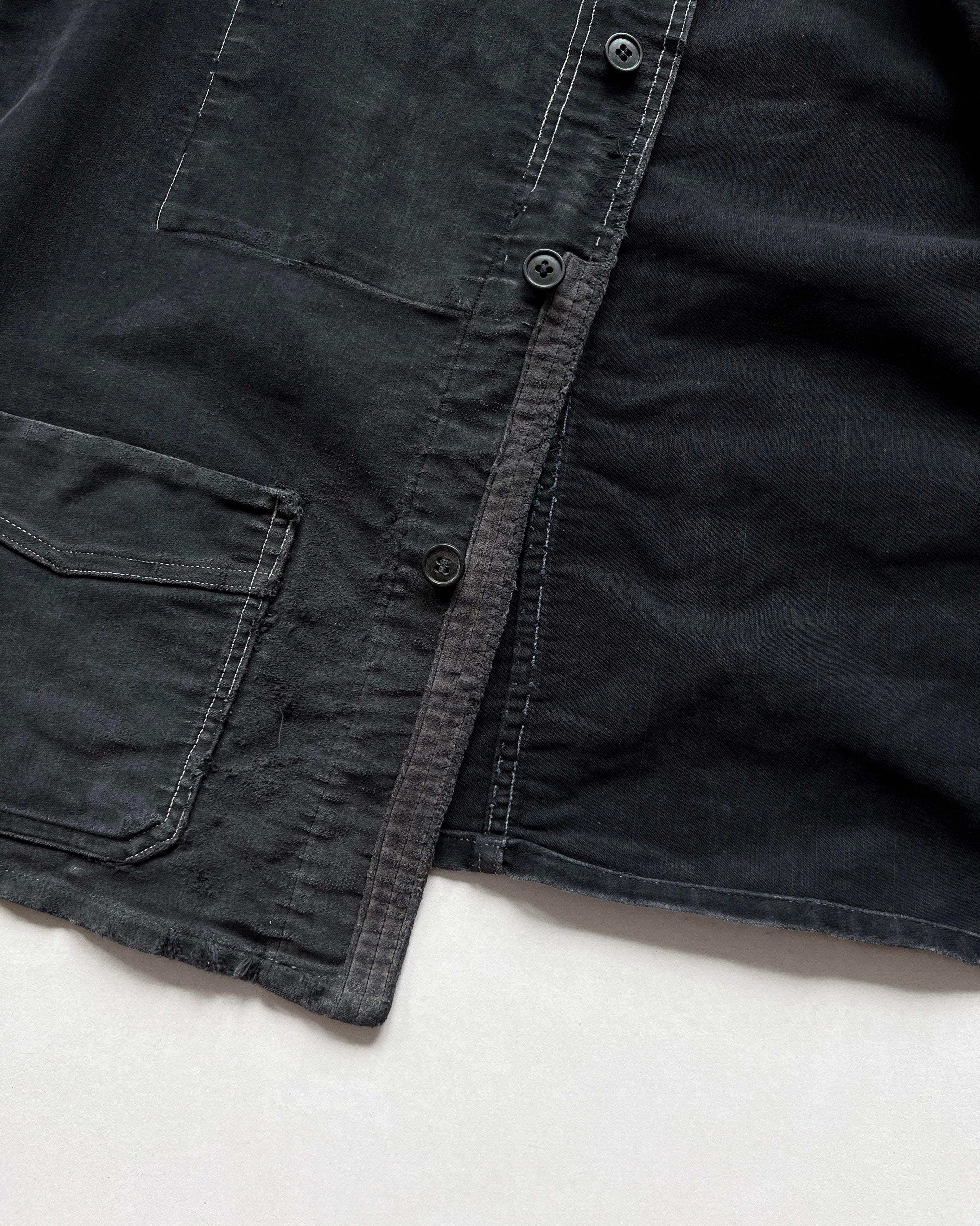 1940S BLACK FRENCH MOLESKIN REPAIRED WORK JACKET (L)