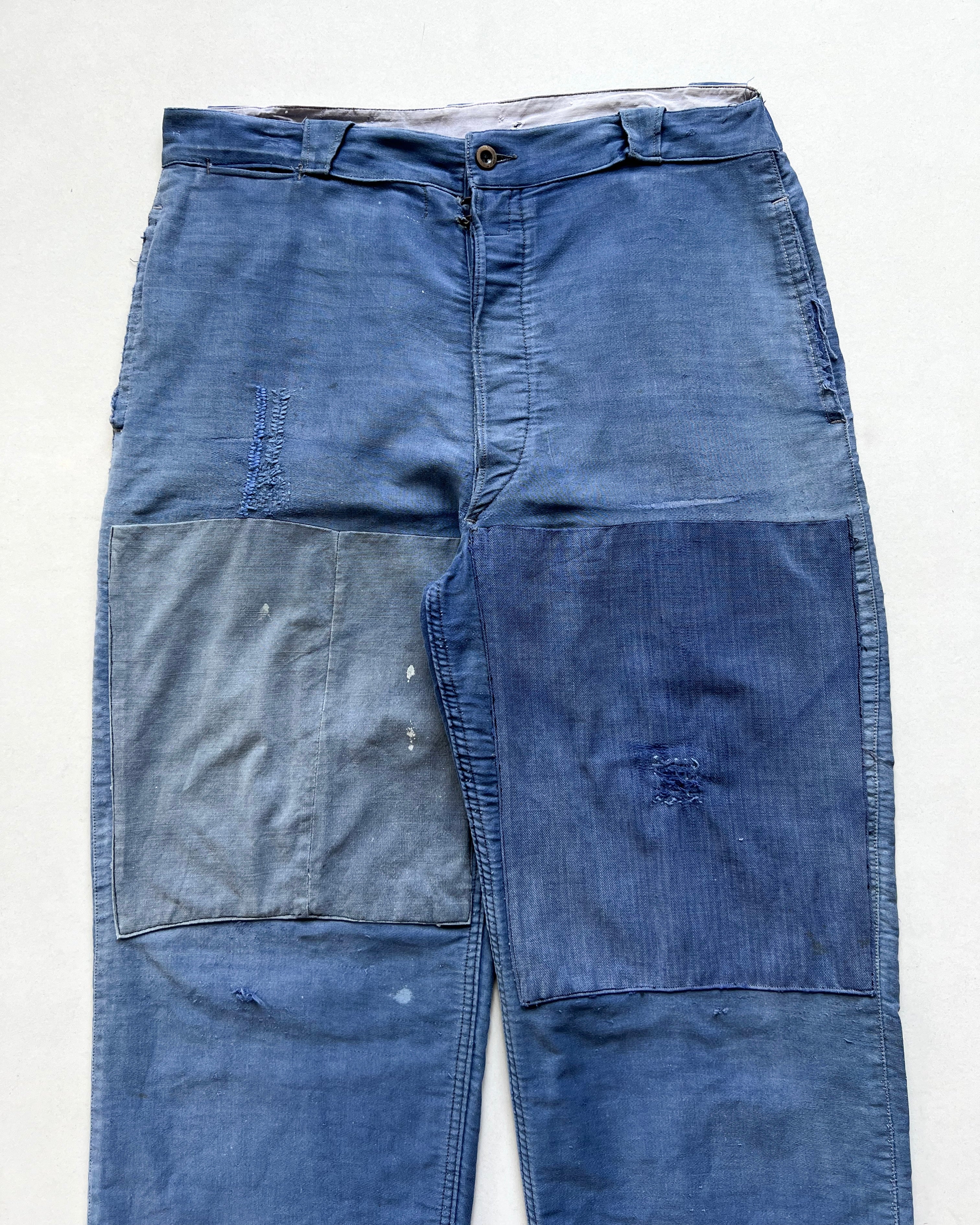 1930S MOLESKIN FRENCH REPAIRED WORK TROUSERS (34-36)