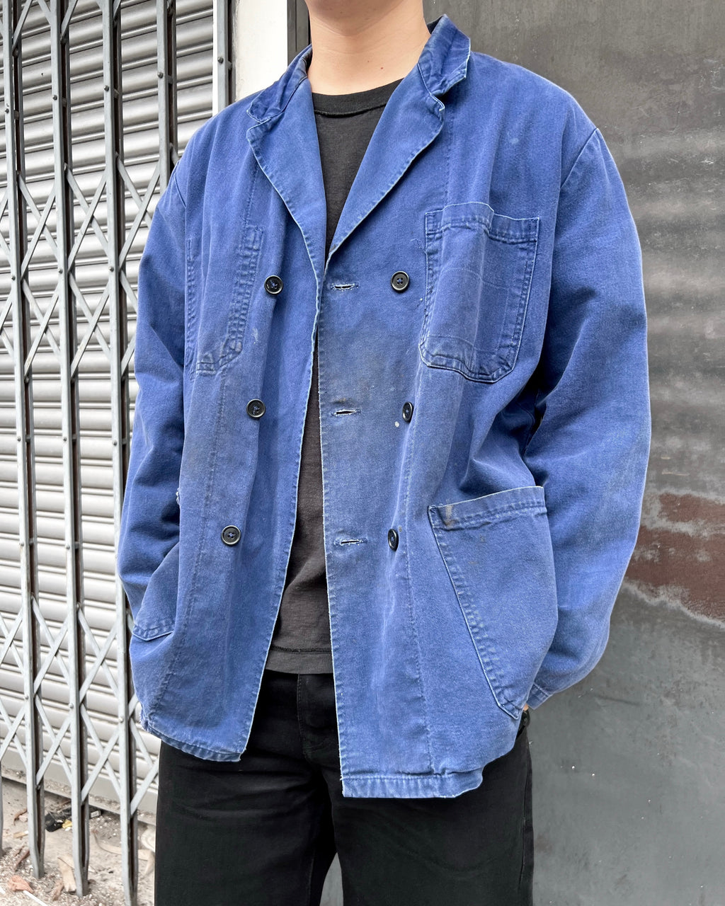1960S FRENCH INDIGO DOUBLE BREASTED WORK JACKET (L)