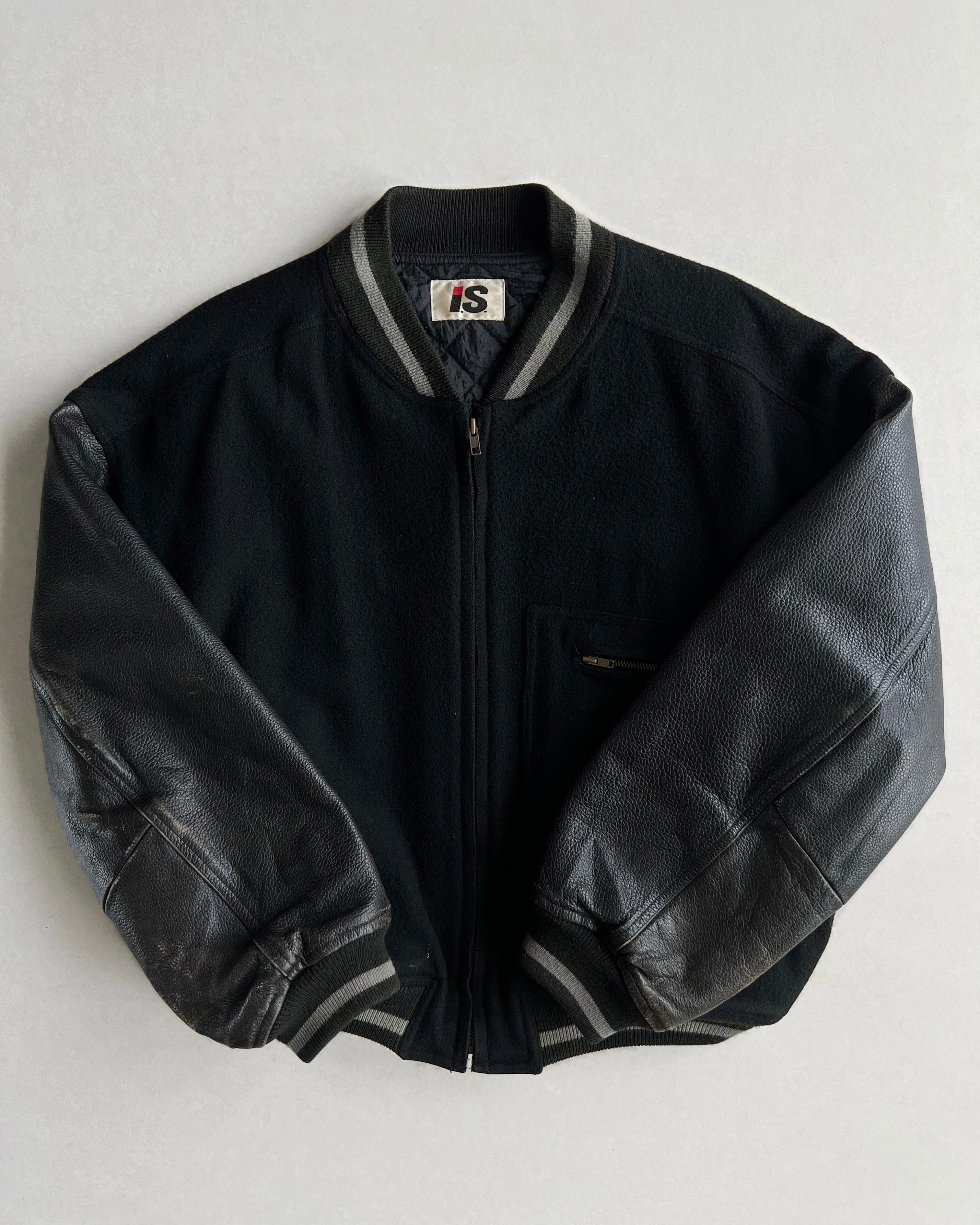 1980S ISSEY MIYAKE SPORT BLACK LEATHER SLEEVE VARSITY JACKET (M)