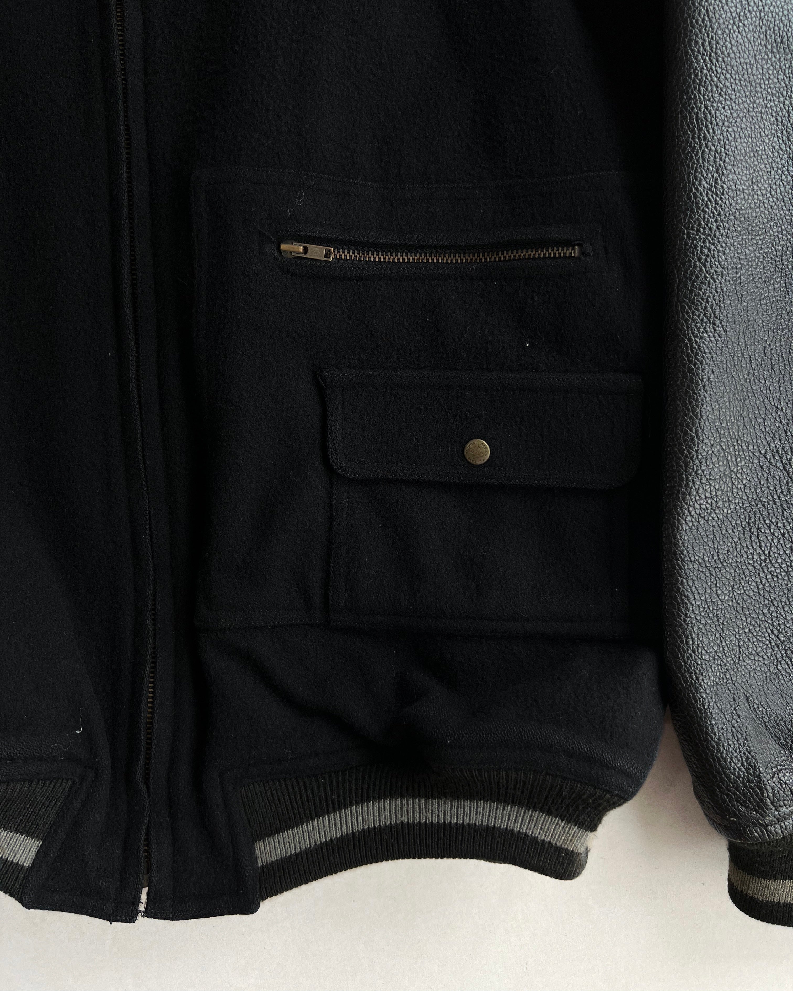 1980S ISSEY MIYAKE SPORT BLACK LEATHER SLEEVE VARSITY JACKET (M)