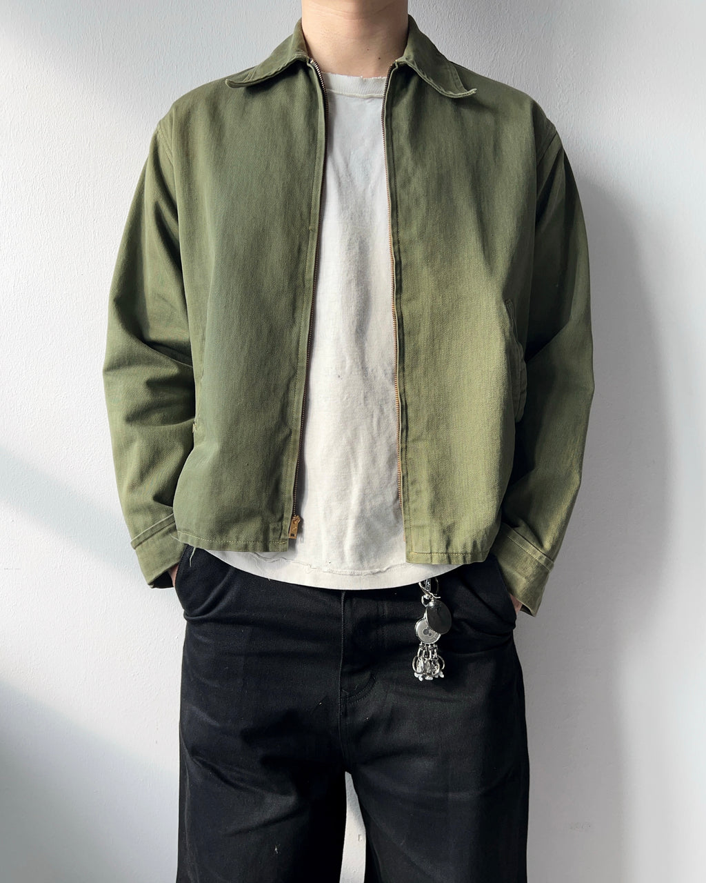 1950S OLIVE ZIP-UP WORK JACKET (L)