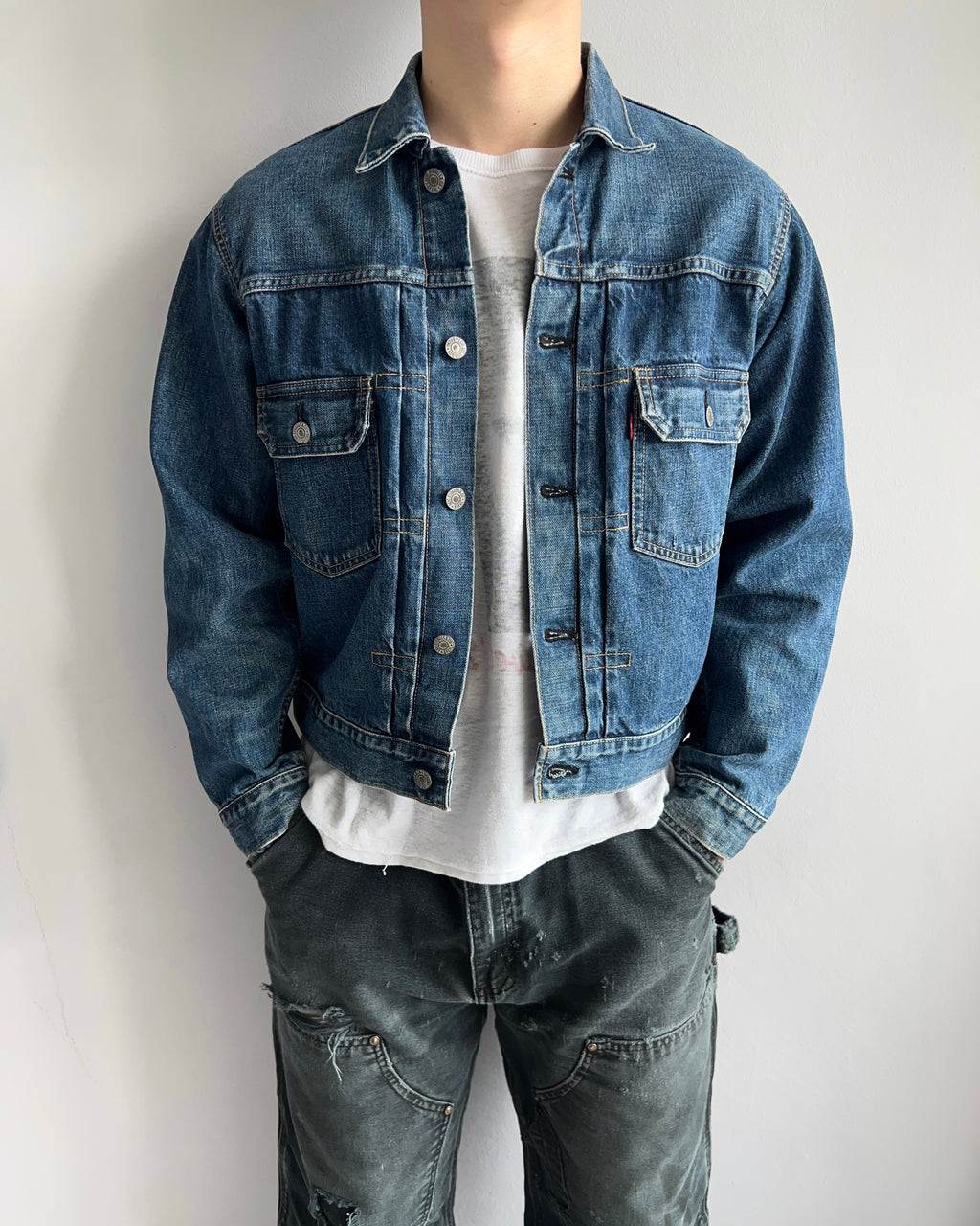1990S FADED WASHED BIG E LEVI'S TYPE II SELVEDGE DENIM JACKET (S-L)