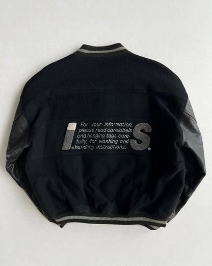 1980S ISSEY MIYAKE SPORT BLACK LEATHER SLEEVE VARSITY JACKET (M)