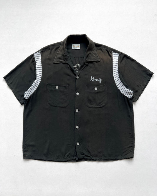1950S FADED OLYMPIAN 'THE PADDOCK' RAYON BOWLING SHIRT (L)