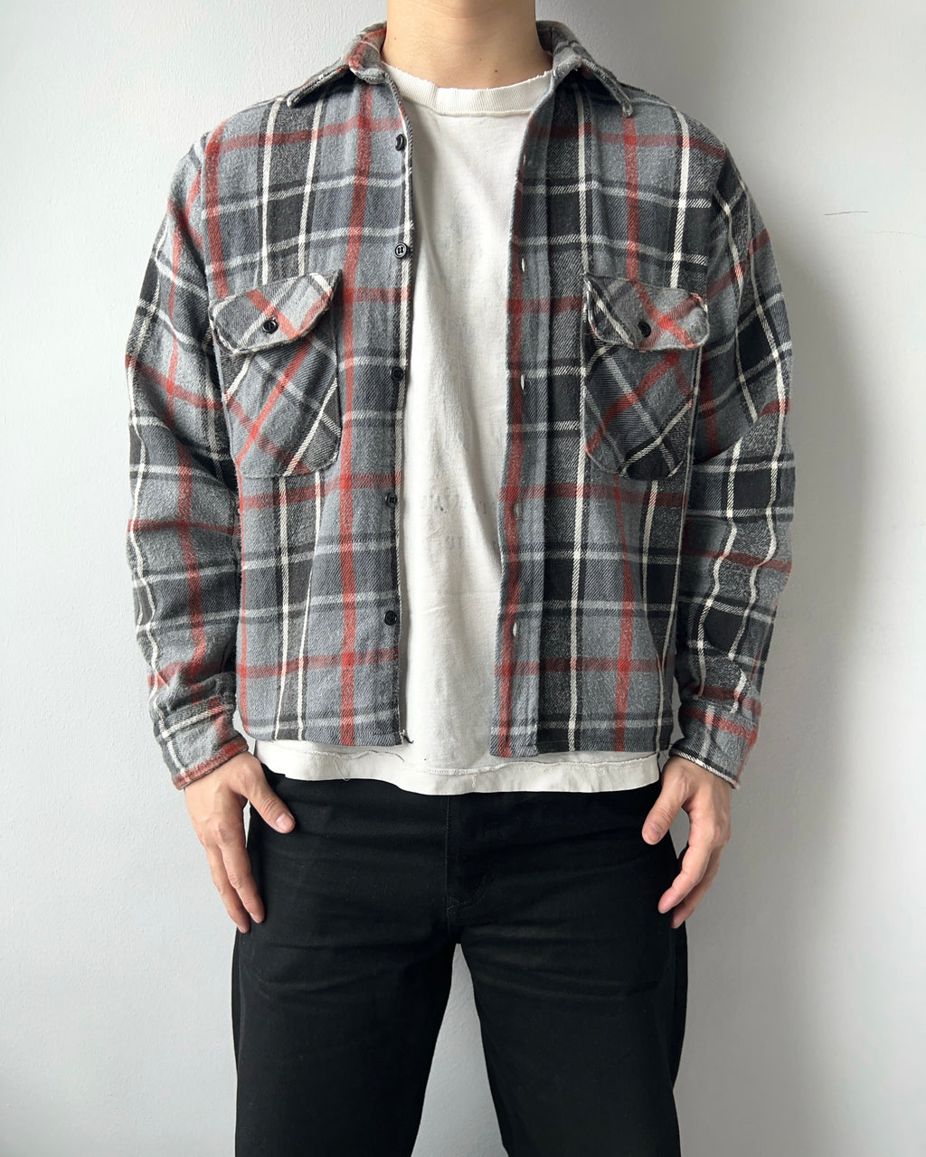 1970S FIVE BROTHER GREY PLAID FLANNEL (M)