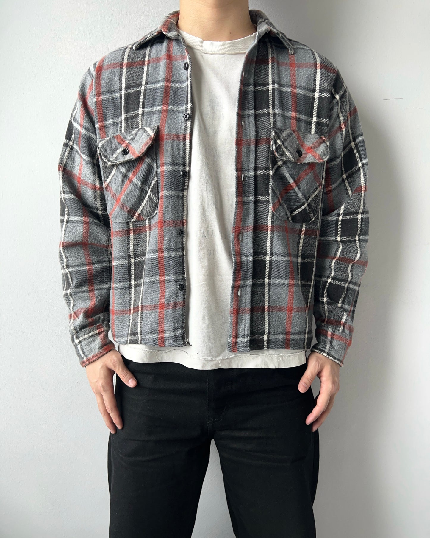 1970S FIVE BROTHER GREY PLAID FLANNEL (M)