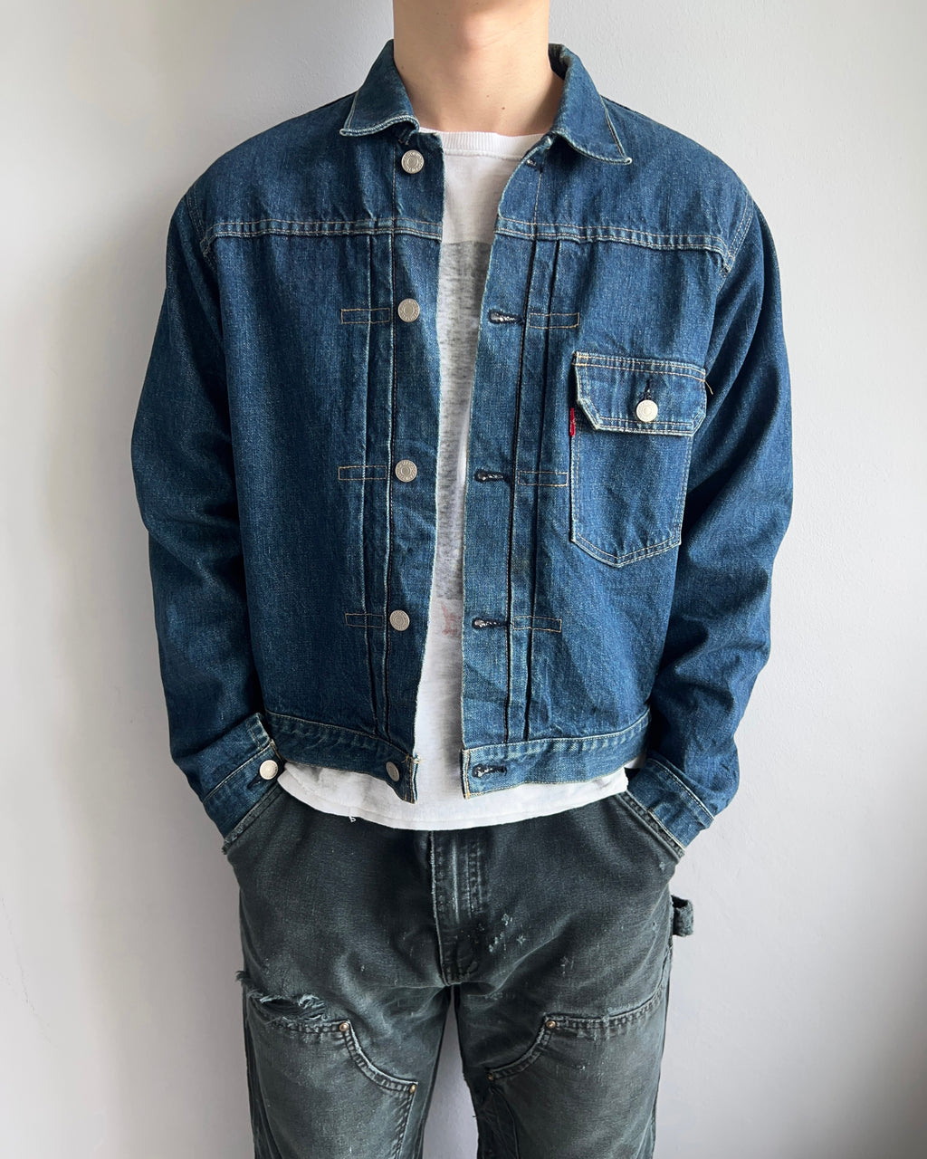1990S DARK WASHED BIG E LEVI'S TYPE I SELVEDGE DENIM JACKET (S-L)