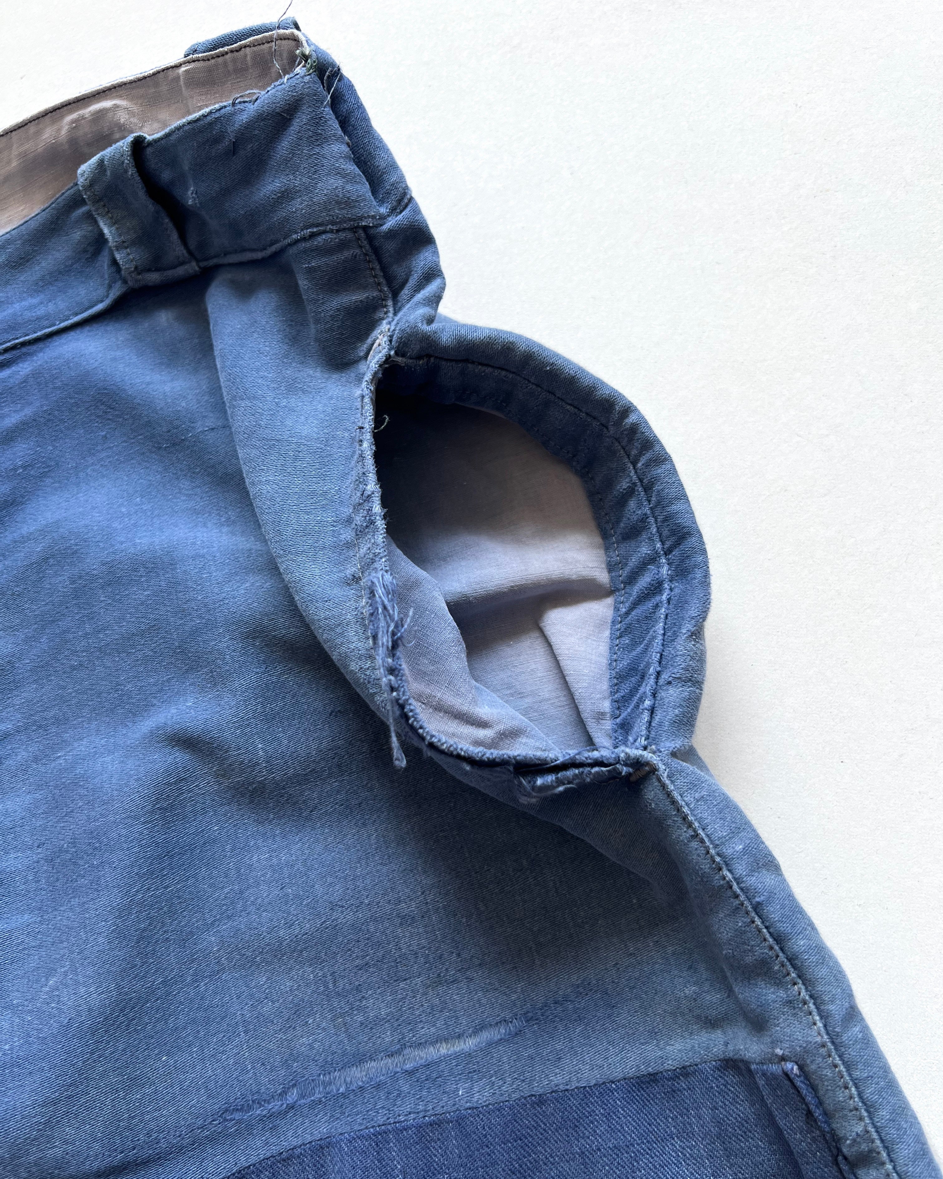1930S MOLESKIN FRENCH REPAIRED WORK TROUSERS (34-36)
