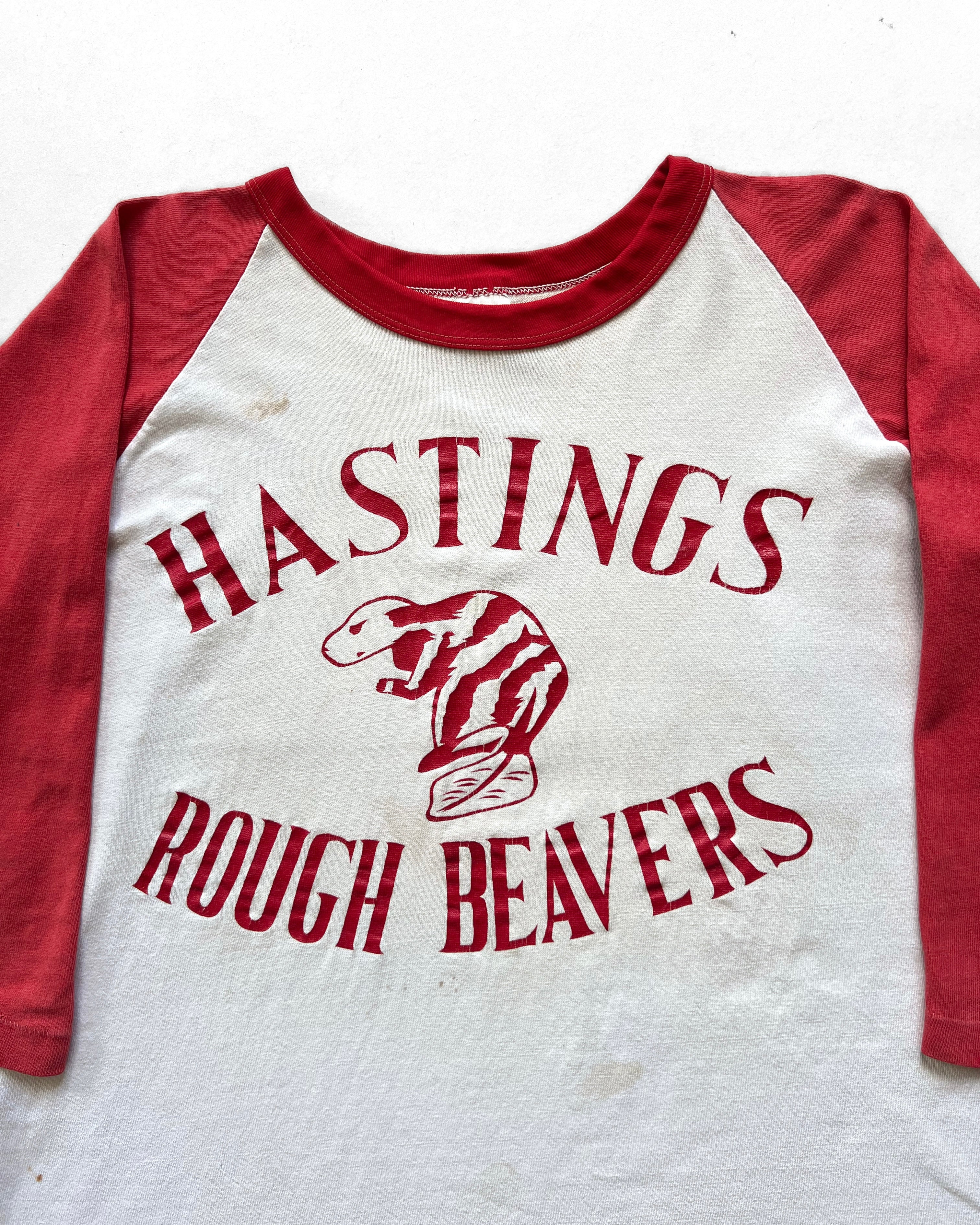1970S RUSSELL 'HASTINGS ROUGH BEAVERS' 3/4 SLEEVES TEE (XL)