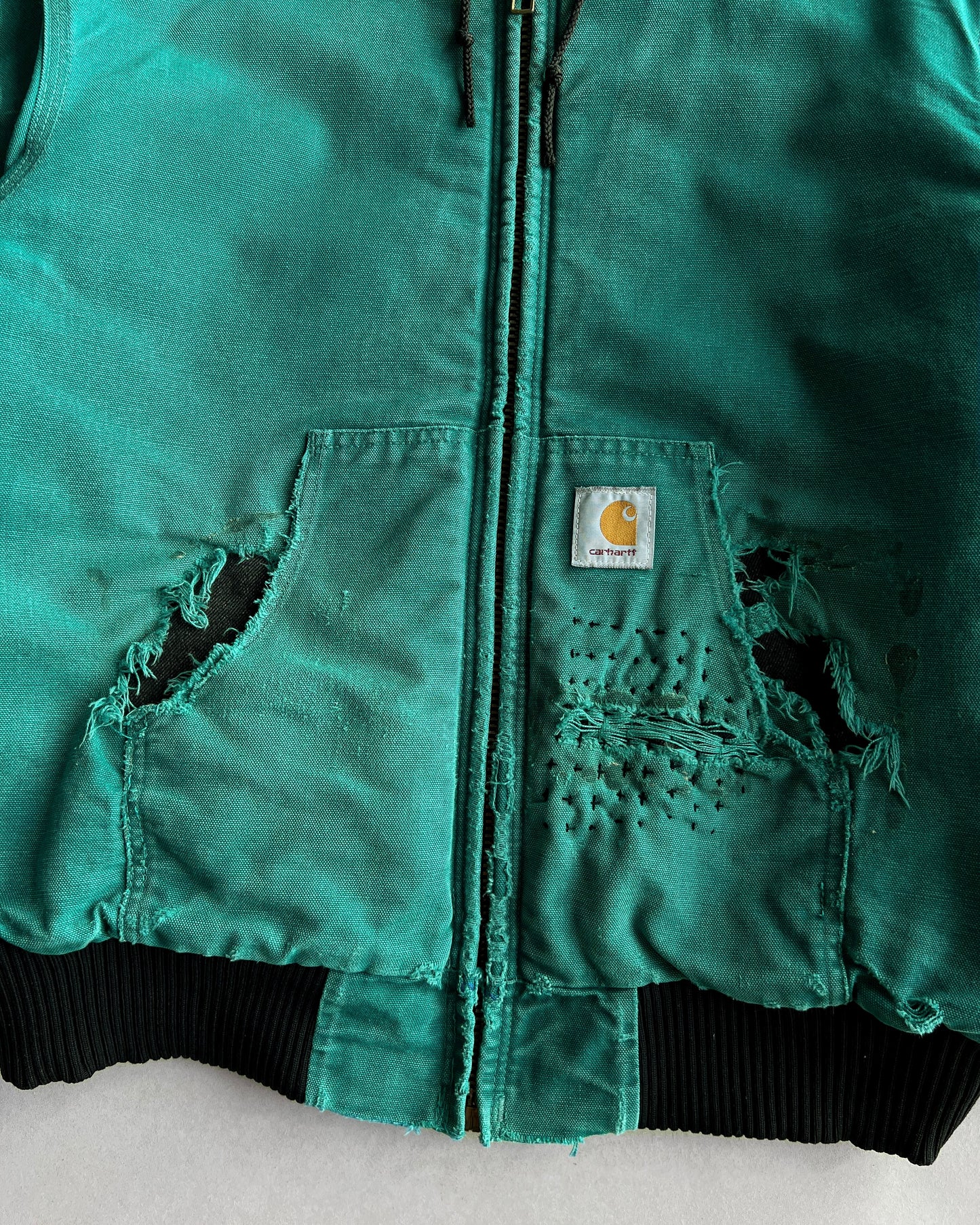 1990S TEAL GREEN CARHARTT REPAIRED HOODED WORK JACKET (L)