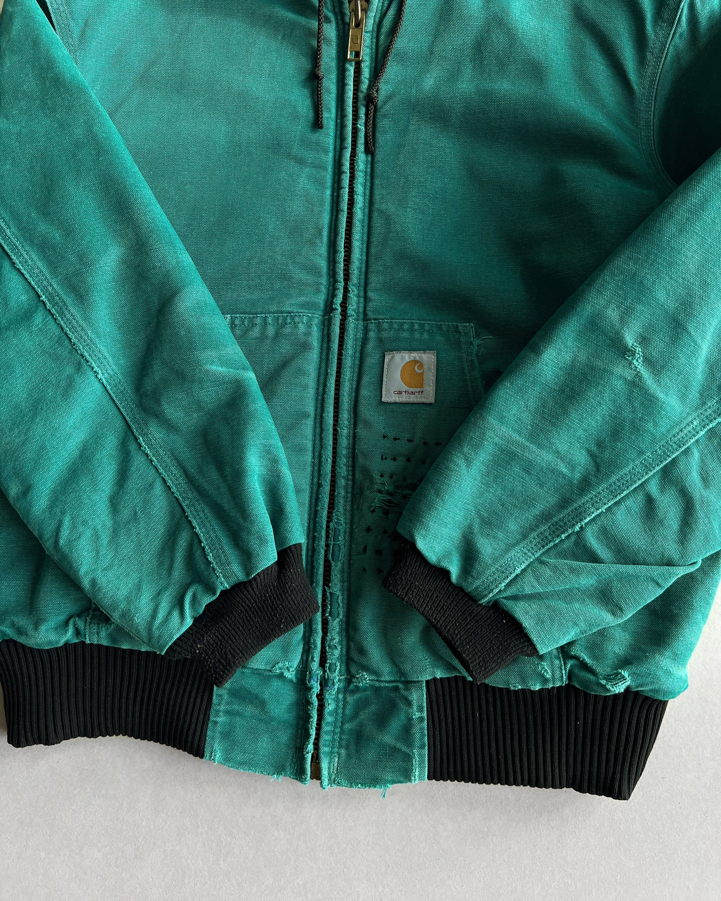 1990S TEAL GREEN CARHARTT REPAIRED HOODED WORK JACKET (L)