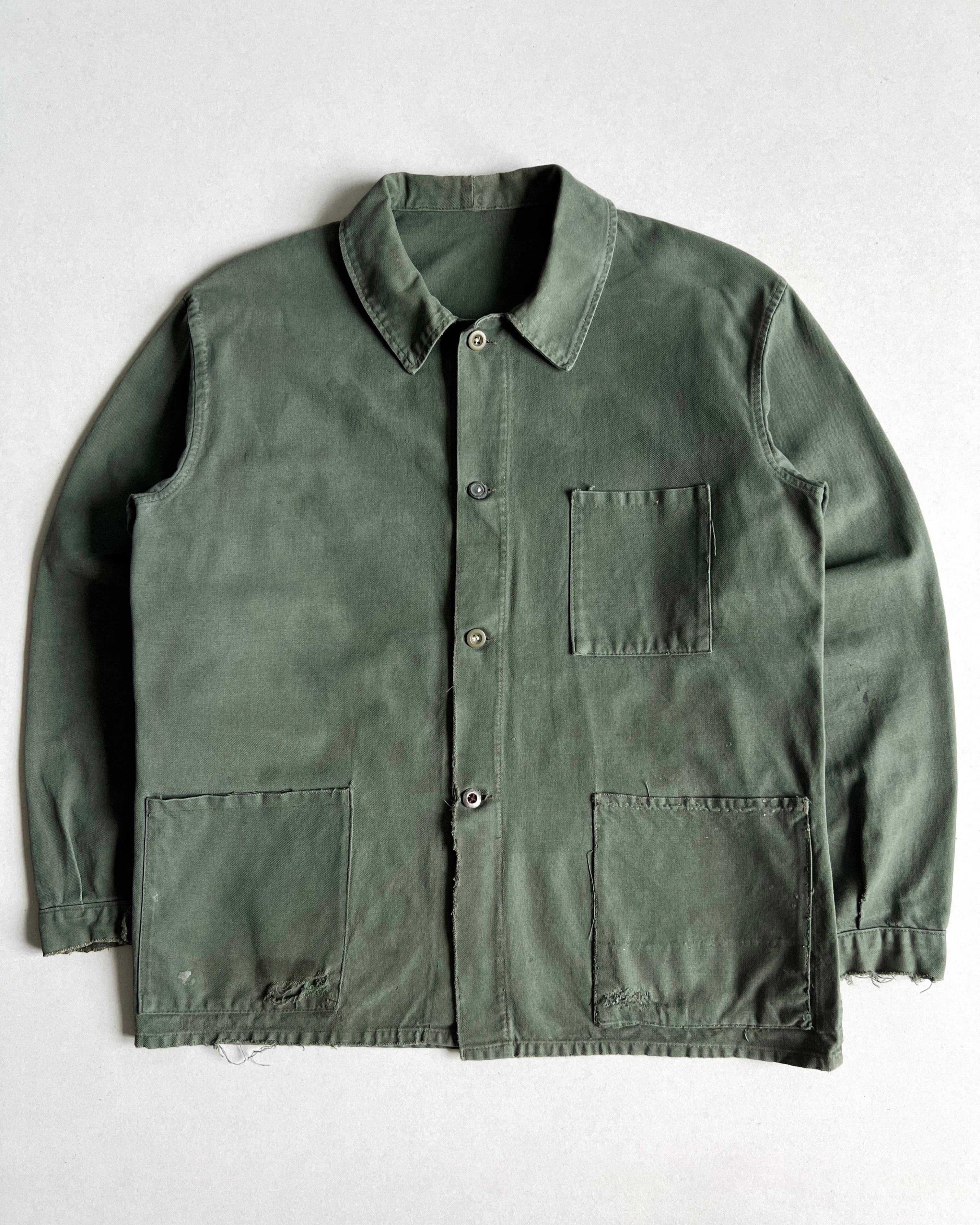 1950S DARK OLIVE BELGIUM ROUND COLLAR WORK CHORE (L)