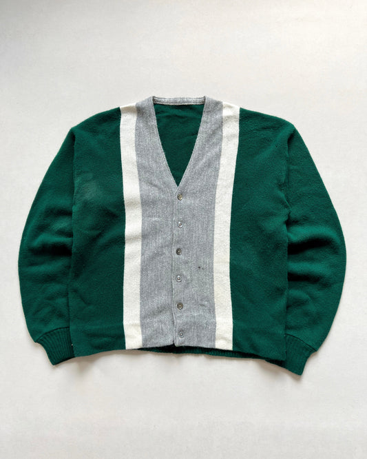 1960S GREEN THREE-TONE ACRYLIC CARDIGAN (L)