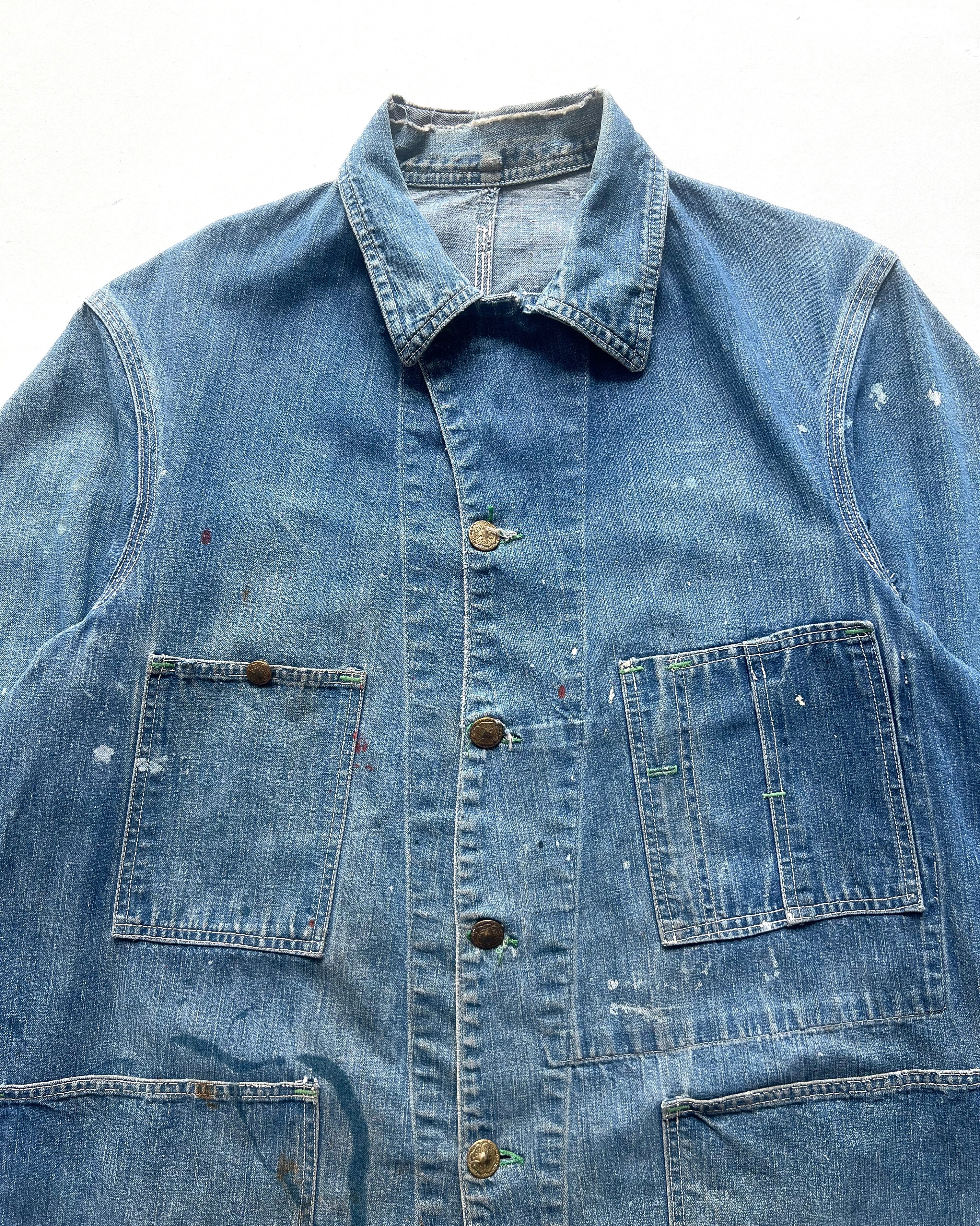 1940S OSHKOSH B'GOSH STENCILLED DENIM CHORE JACKET (L)