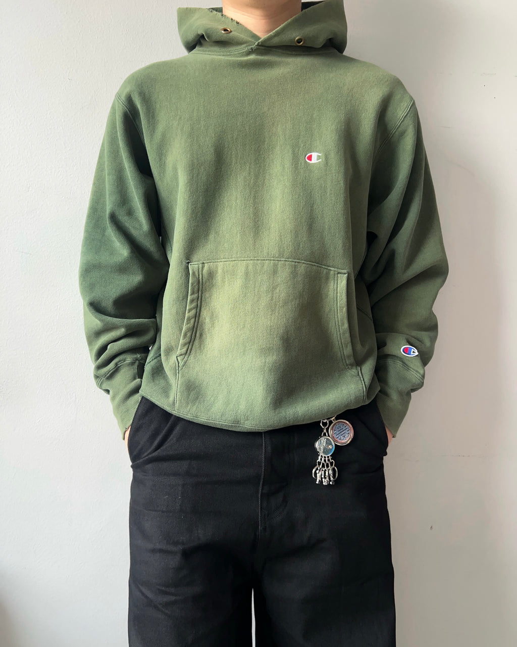 1990S FADED CHAMPION REVERSE WEAVE LOGO HOODIE (L)
