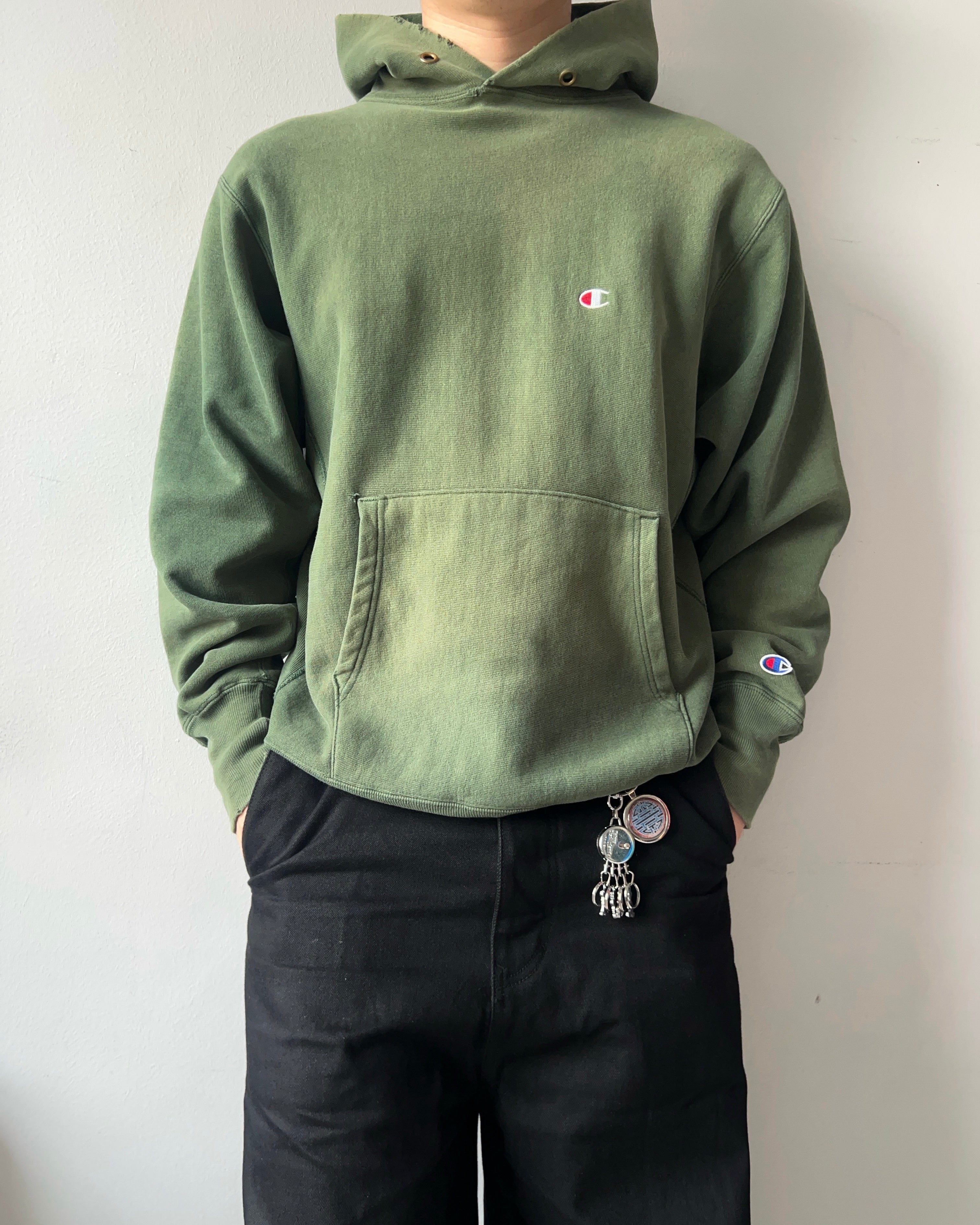 1990S FADED CHAMPION REVERSE WEAVE LOGO HOODIE (L)