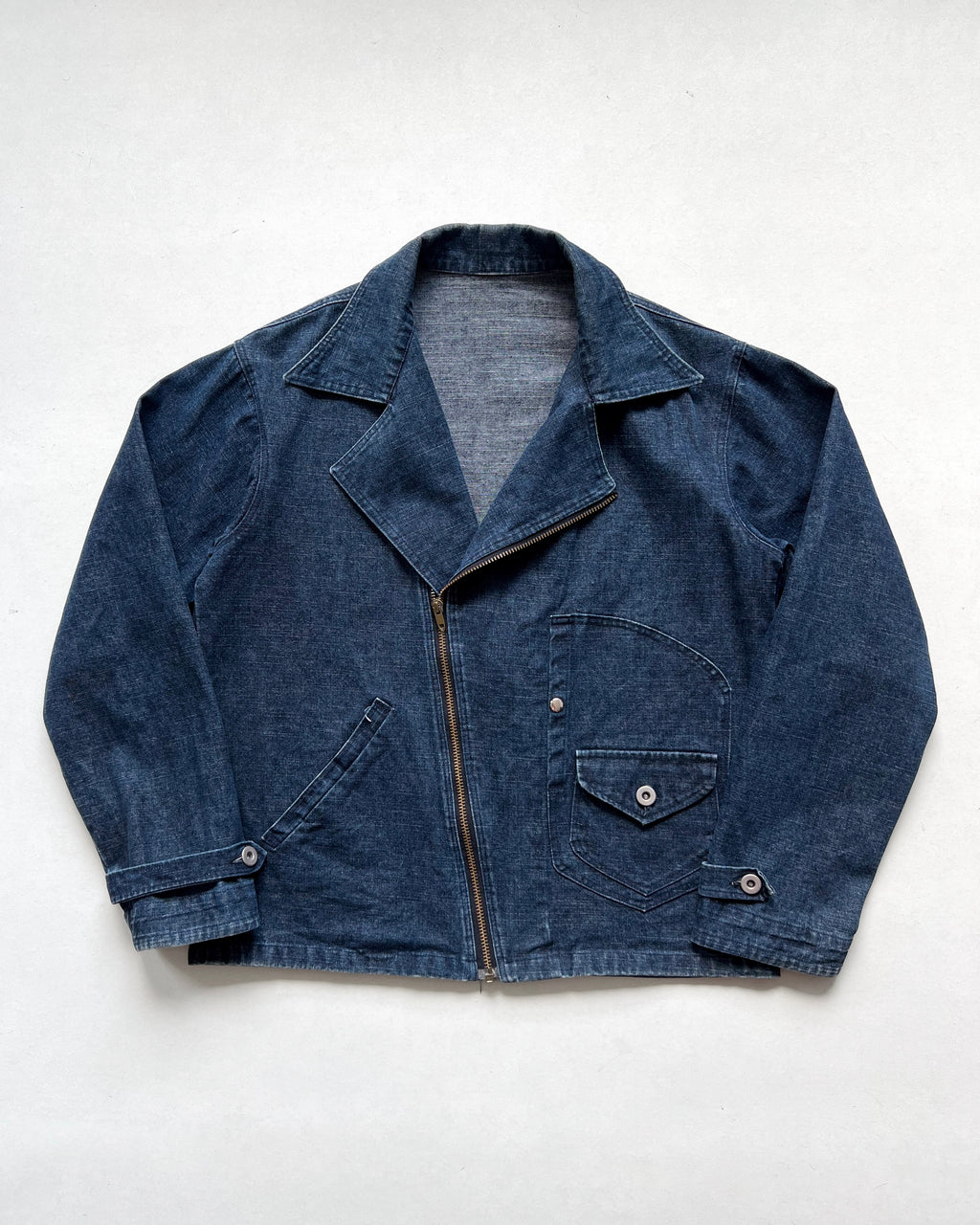 1980S JAPANESE 'D' POCKET BIKER DENIM JACKET (M)