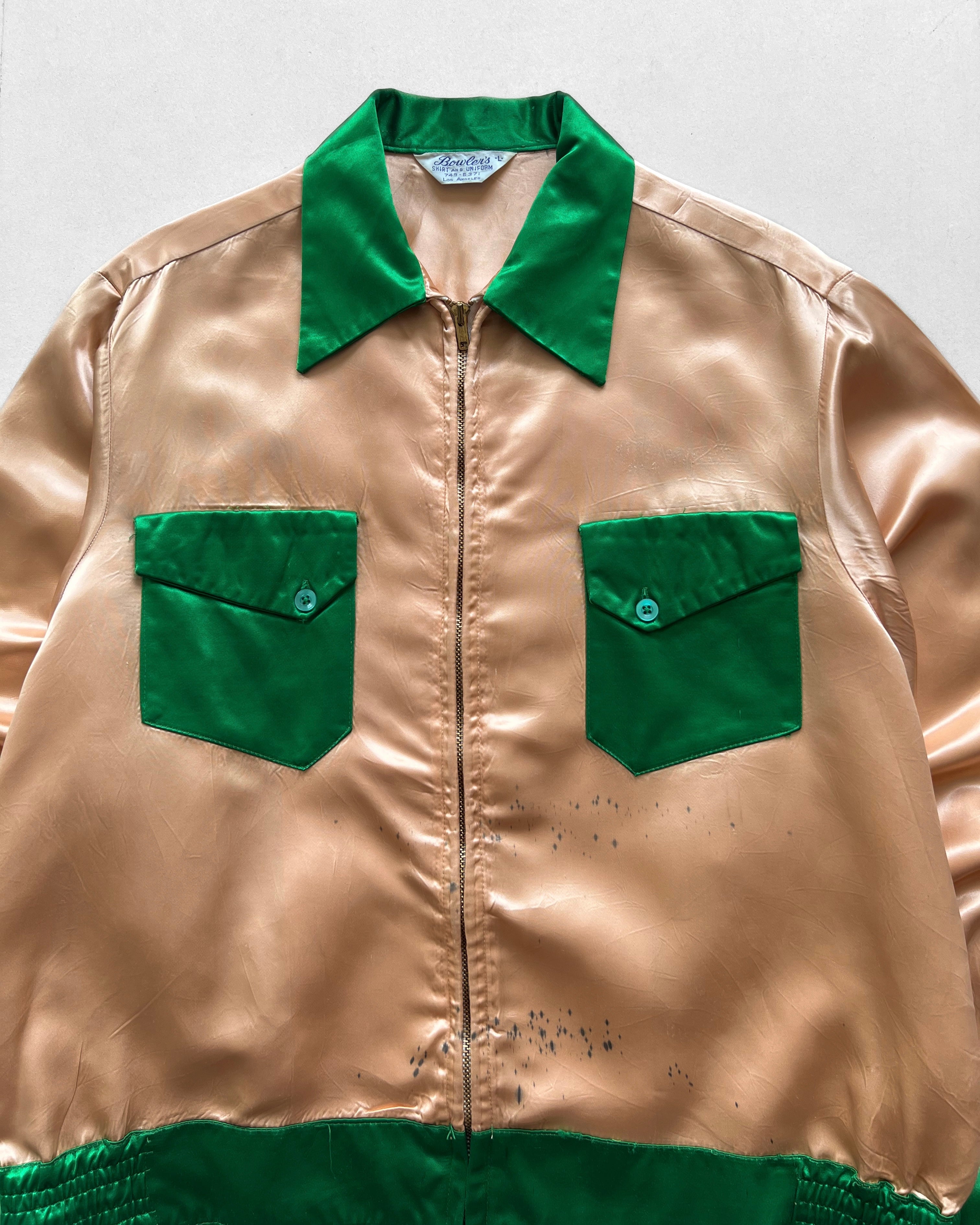 1940S TWO-TONE SATIN “COLUMBIA BASIN SHRINE CLUB' BOWLER'S JACKET (L)