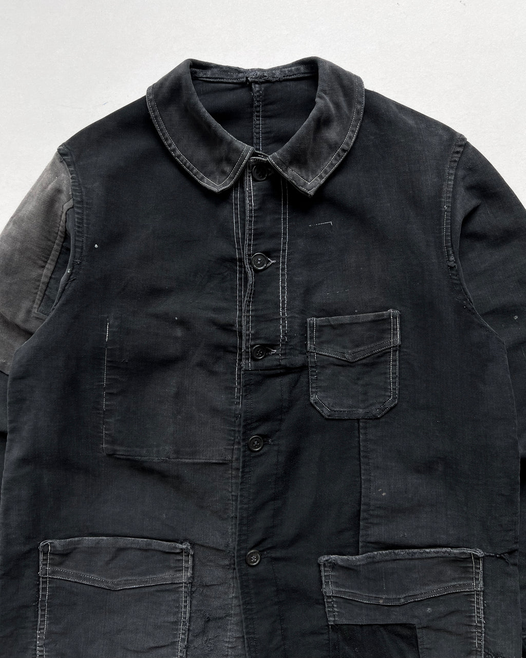 1940S BLACK FRENCH MOLESKIN REPAIRED WORK JACKET (L)