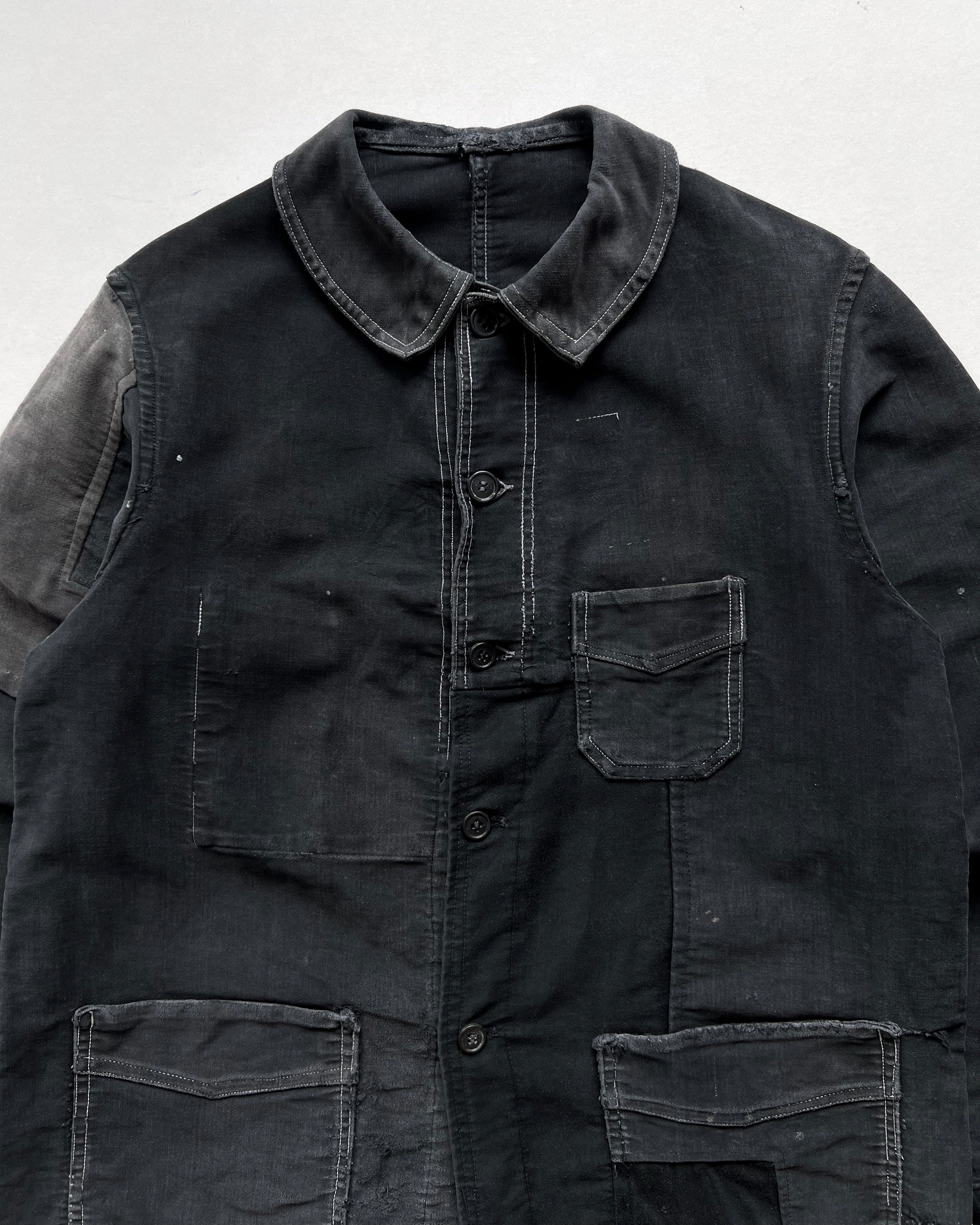 1940S BLACK FRENCH MOLESKIN REPAIRED WORK JACKET (L)
