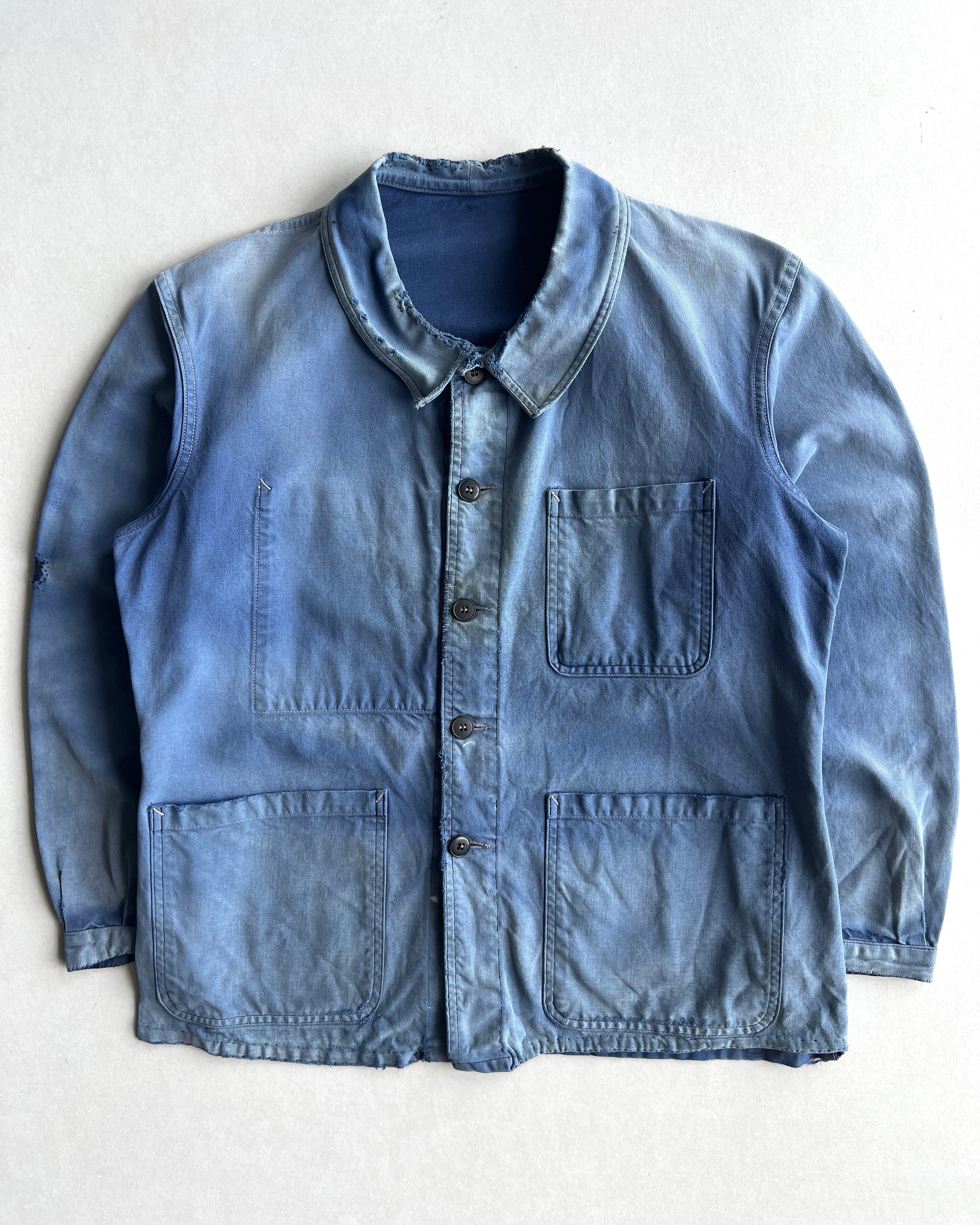 1950S FADED ROUND COLLAR FRENCH WORK CHORE JACKET (M)