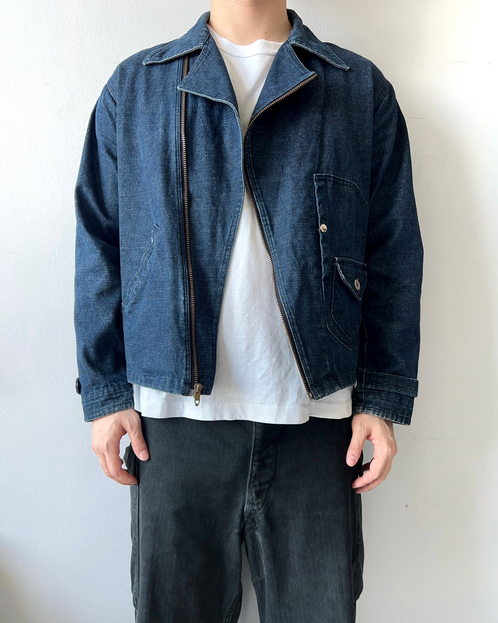 1980S JAPANESE 'D' POCKET BIKER DENIM JACKET (M)