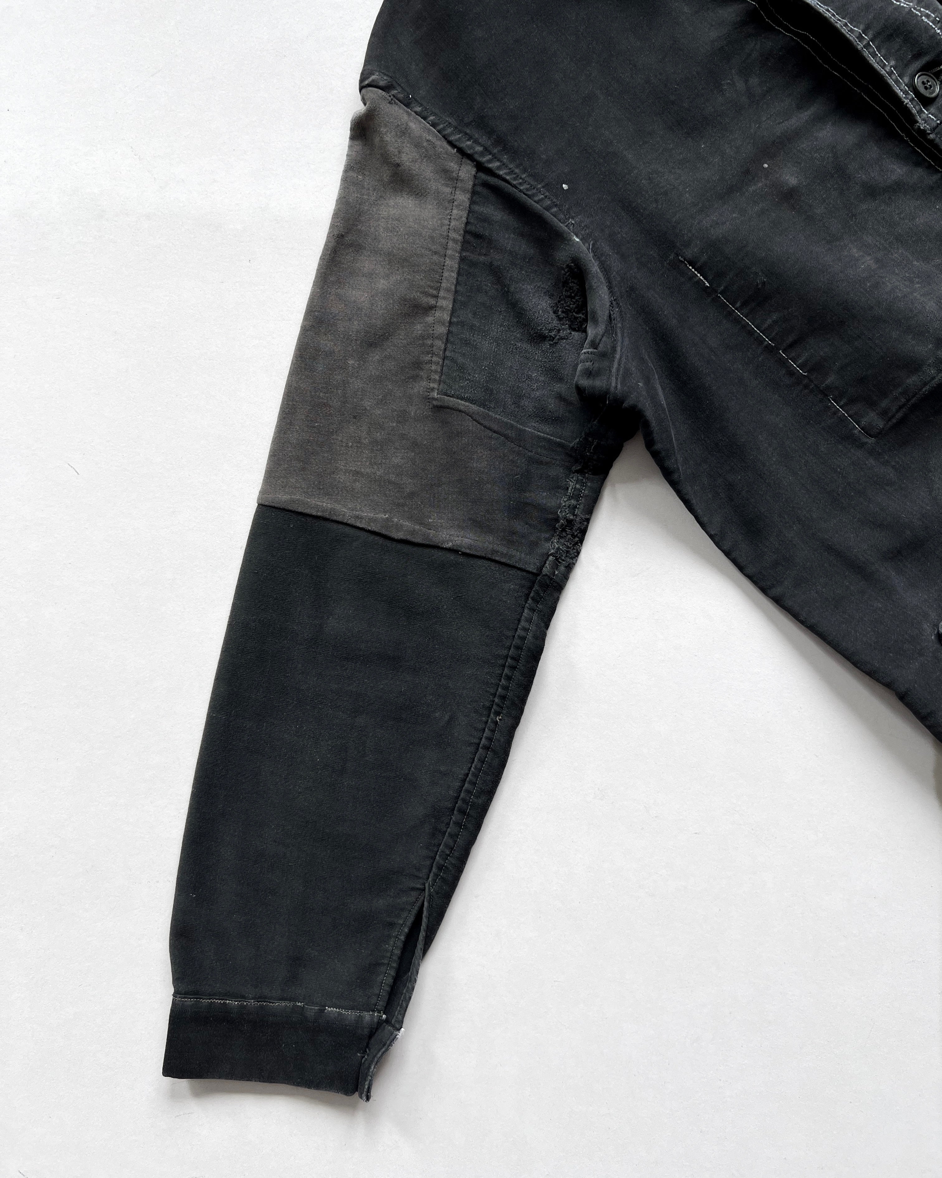 1940S BLACK FRENCH MOLESKIN REPAIRED WORK JACKET (L)