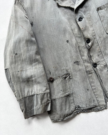 1930S FRENCH SALT AND PEPPER REPAIRED WORK JACKET (L)