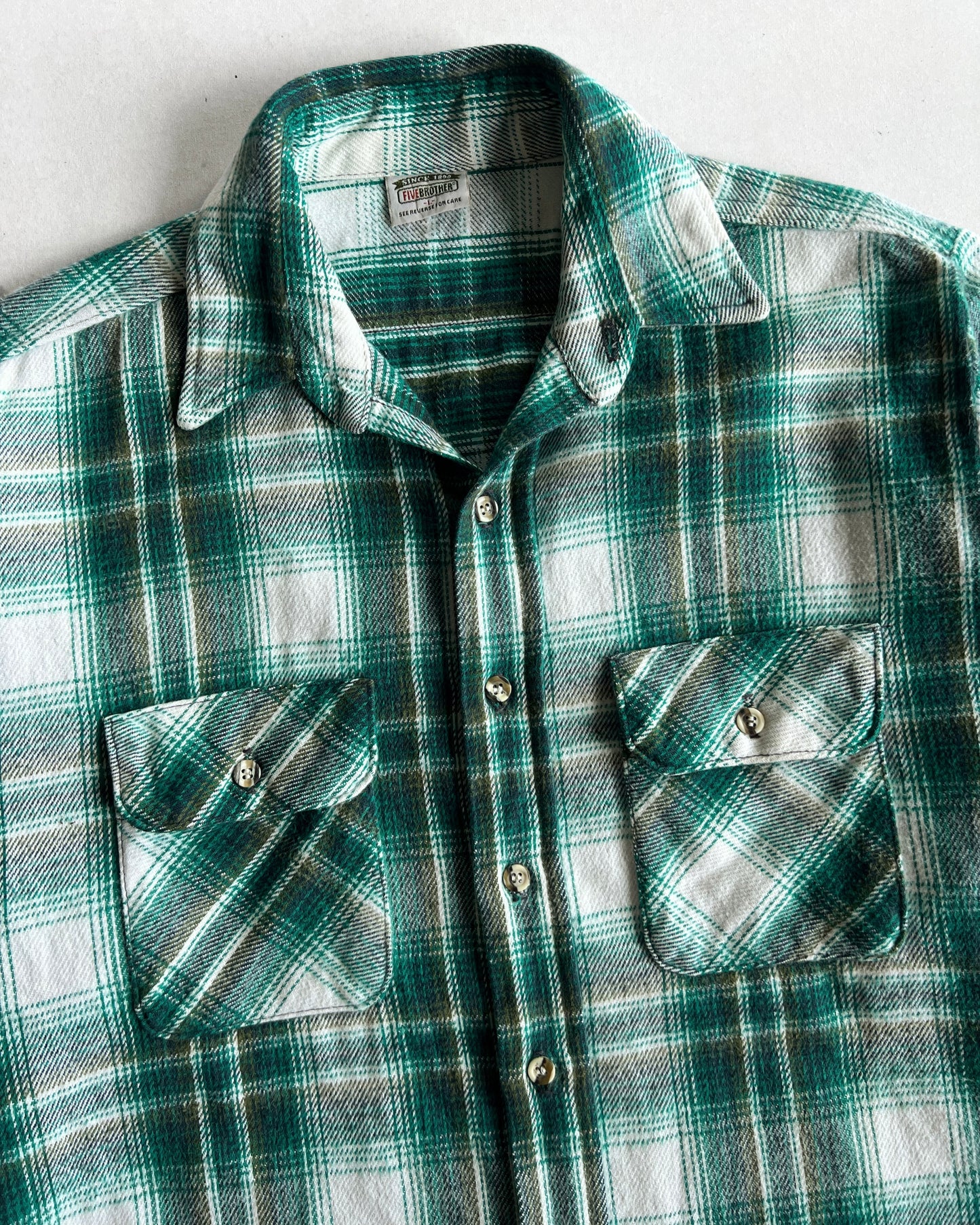 1980S FIVE BROTHERS GREEN PLAID FLANNEL (L)