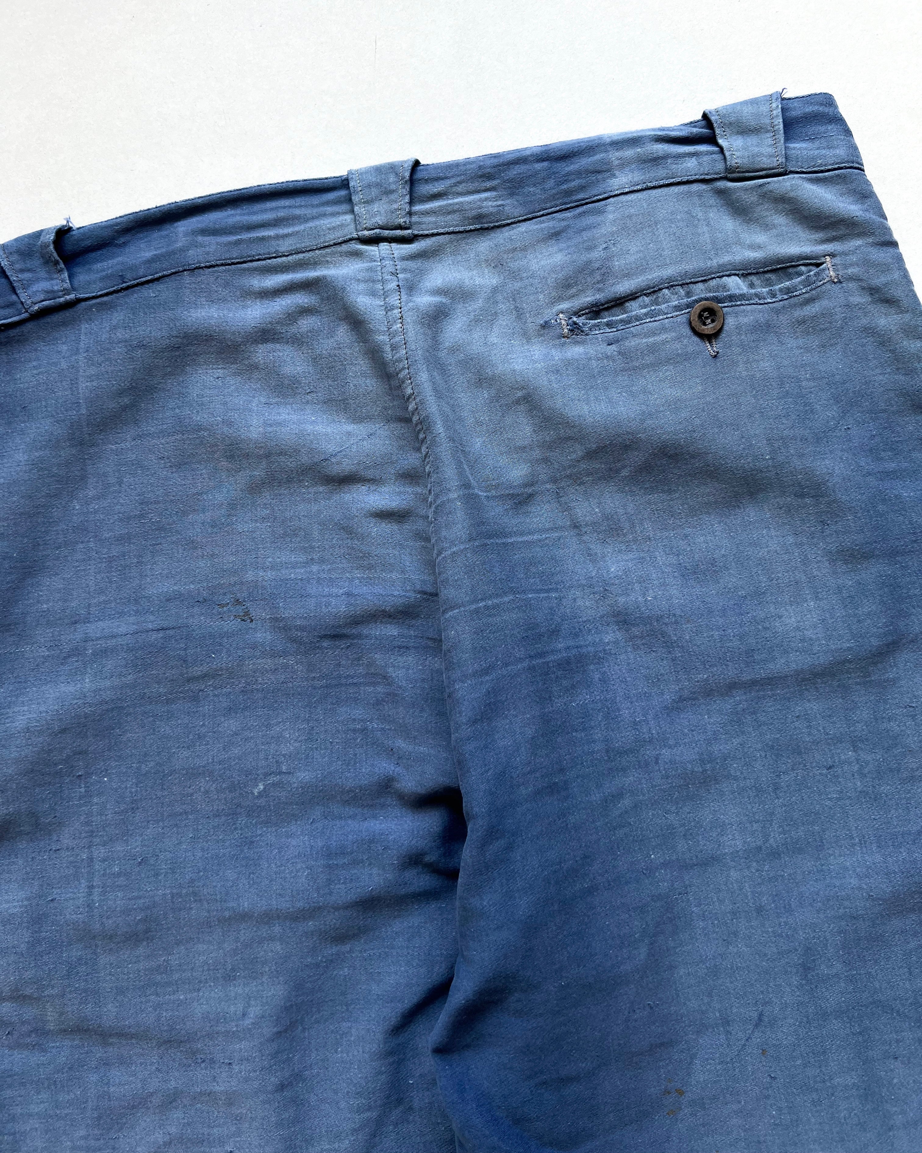 1930S MOLESKIN FRENCH REPAIRED WORK TROUSERS (34-36)