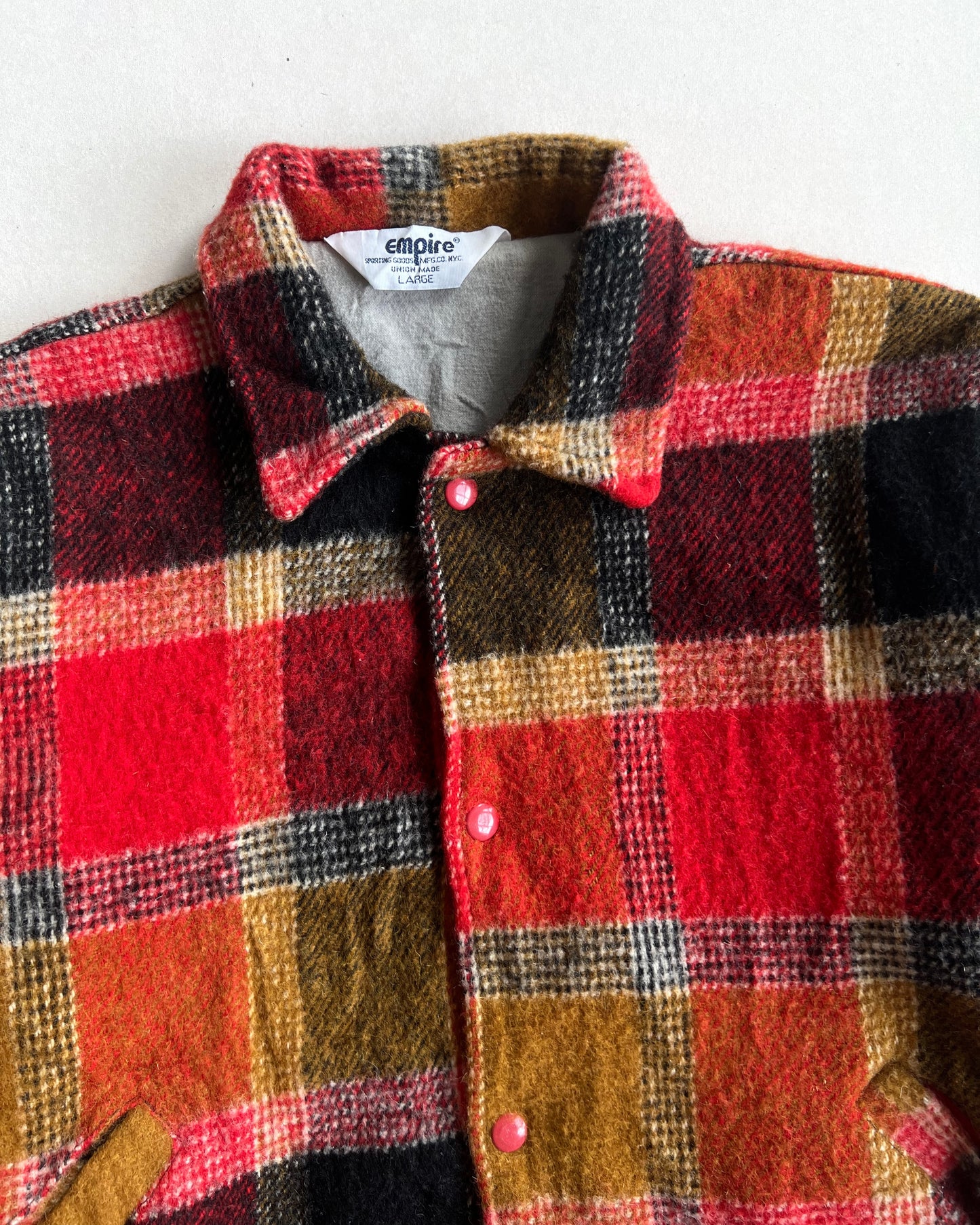 1980S EMPIRE WOOL PLAID BUTTON-UP FLANNEL JACKET (L)