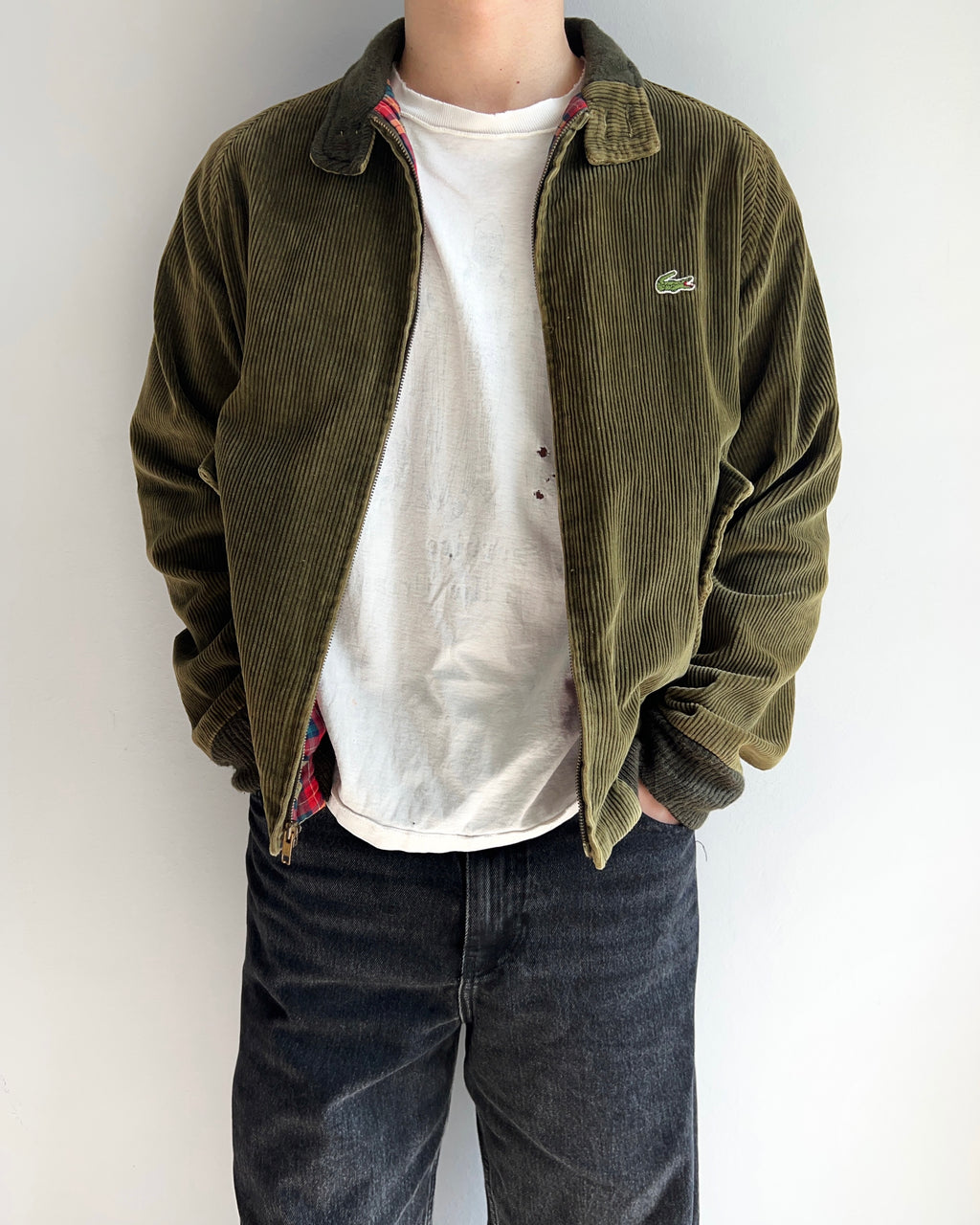 1980S OLIVE LACOSTE CORDUROY HARRINGTON JACKET (M)
