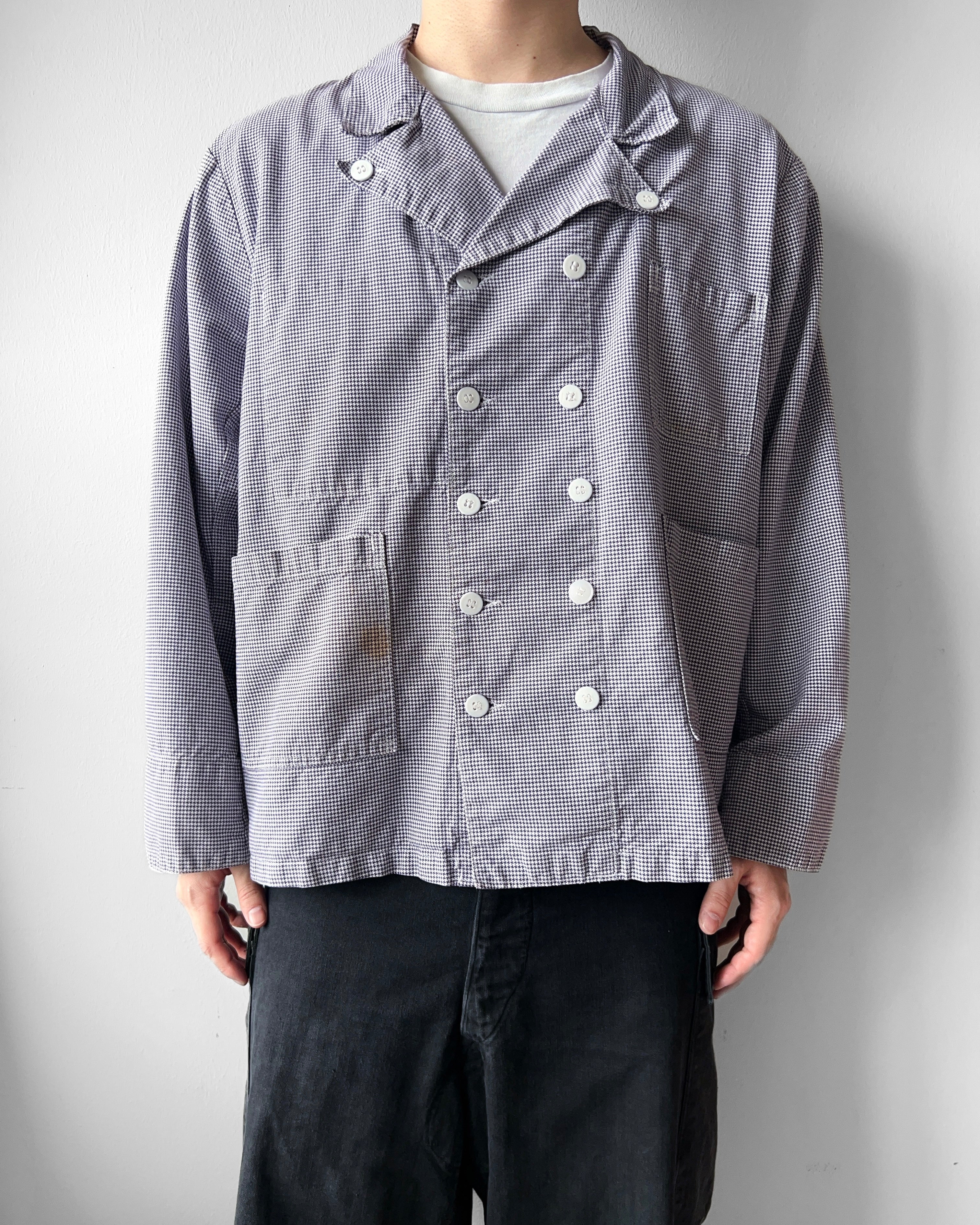 1960S FRENCH HOUNDSTOOTH DOUBLE BREASTED WORK JACKET (XL)