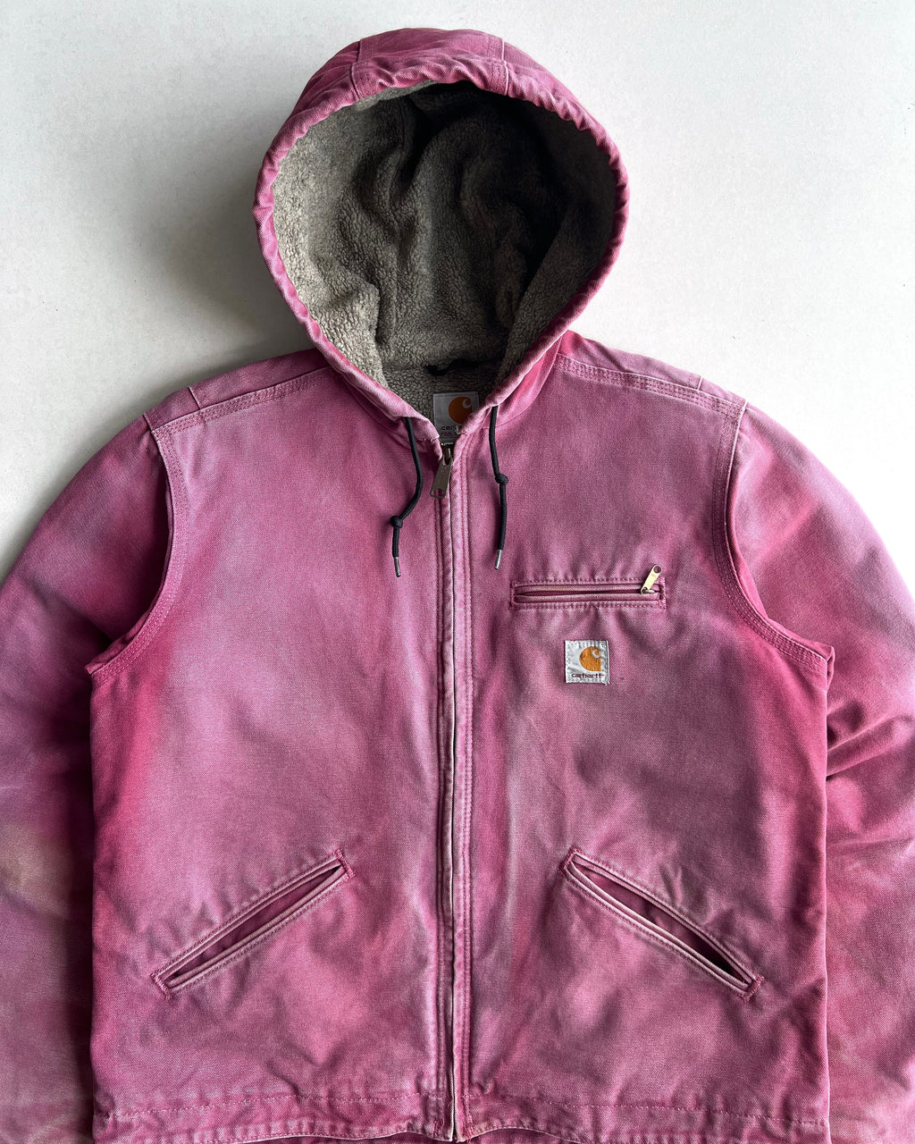 1990S SUN FADED PINK CARHARTT DETROIT HOODED WORK JACKET (M)