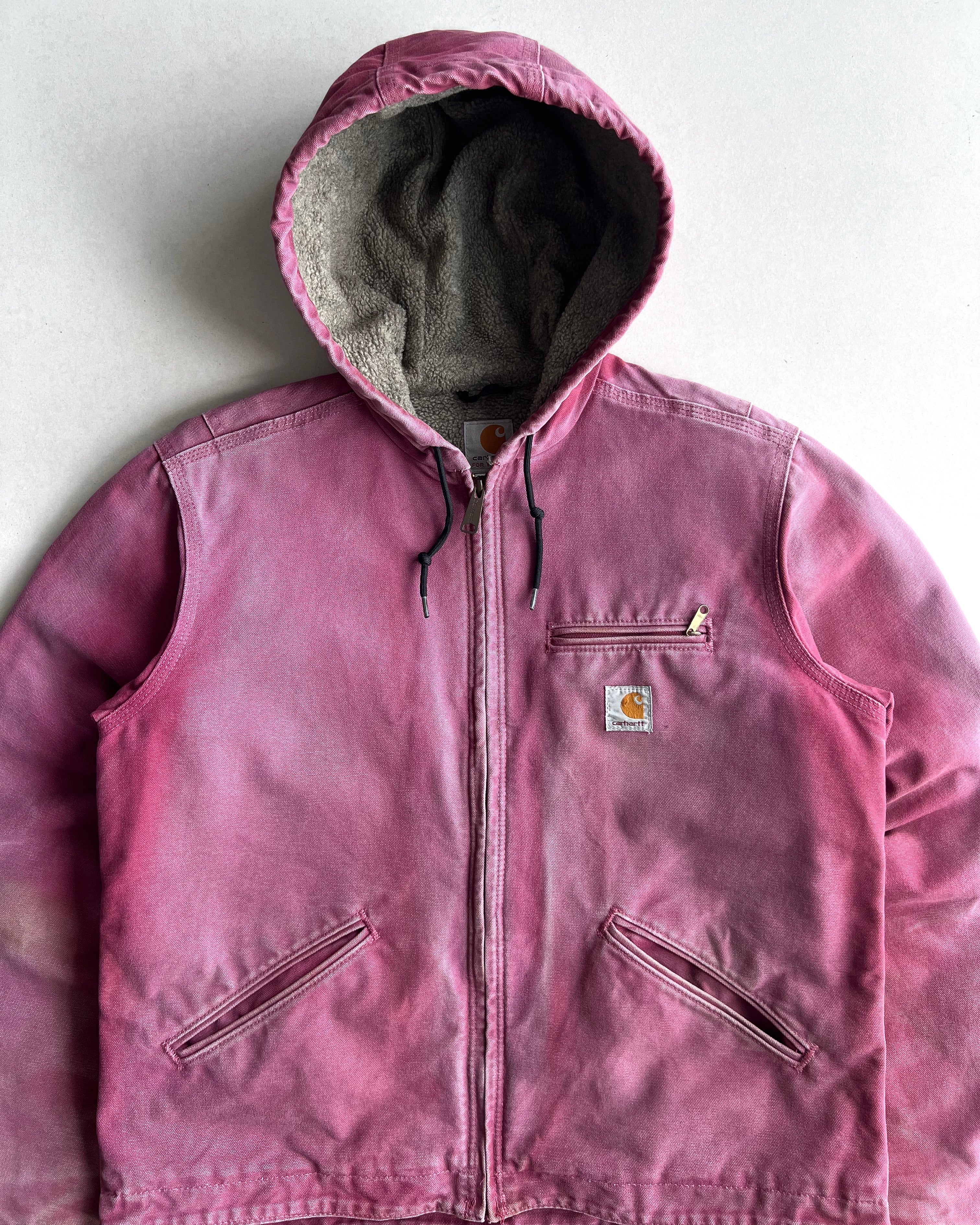 1990S SUN FADED PINK CARHARTT DETROIT HOODED WORK JACKET (M)