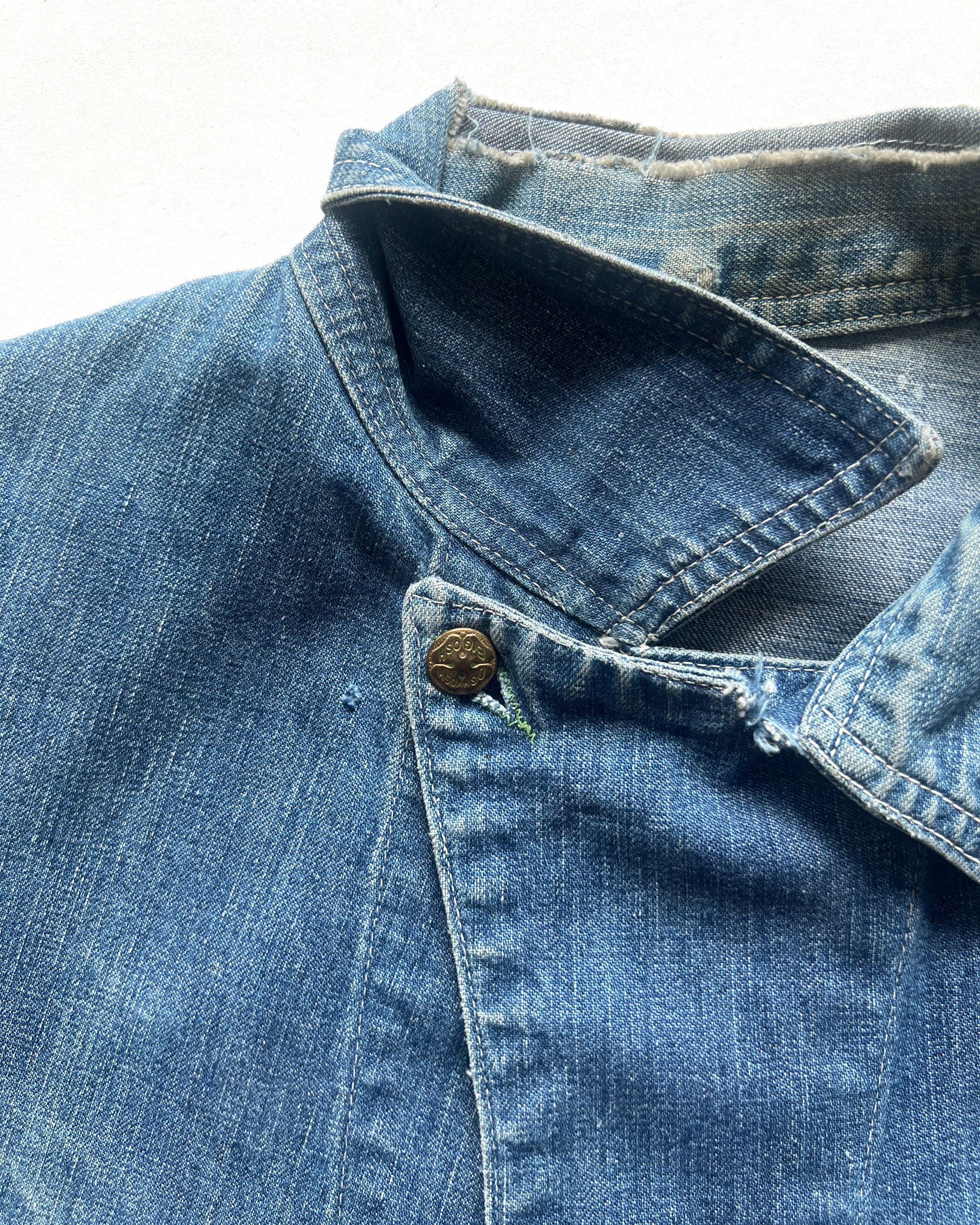 1940S OSHKOSH B'GOSH STENCILLED DENIM CHORE JACKET (L)