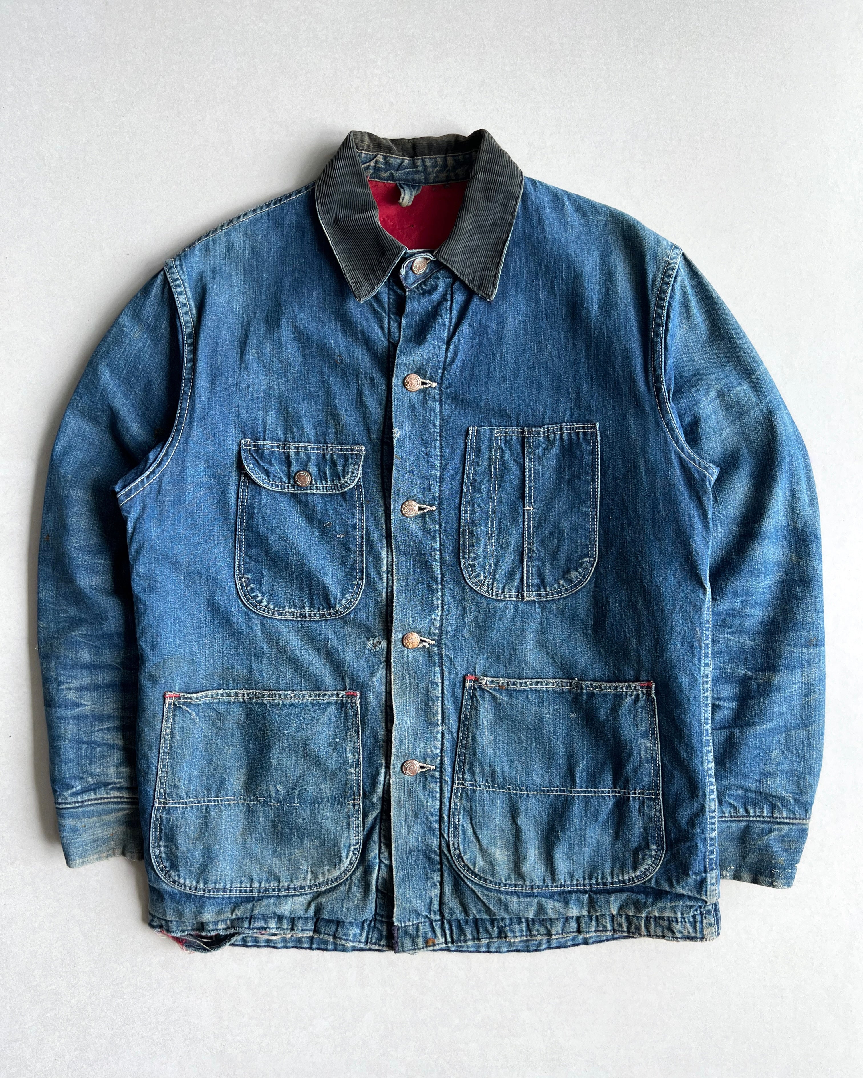 1950S FADED DENIM WORK CHORE JACKET (M/L)